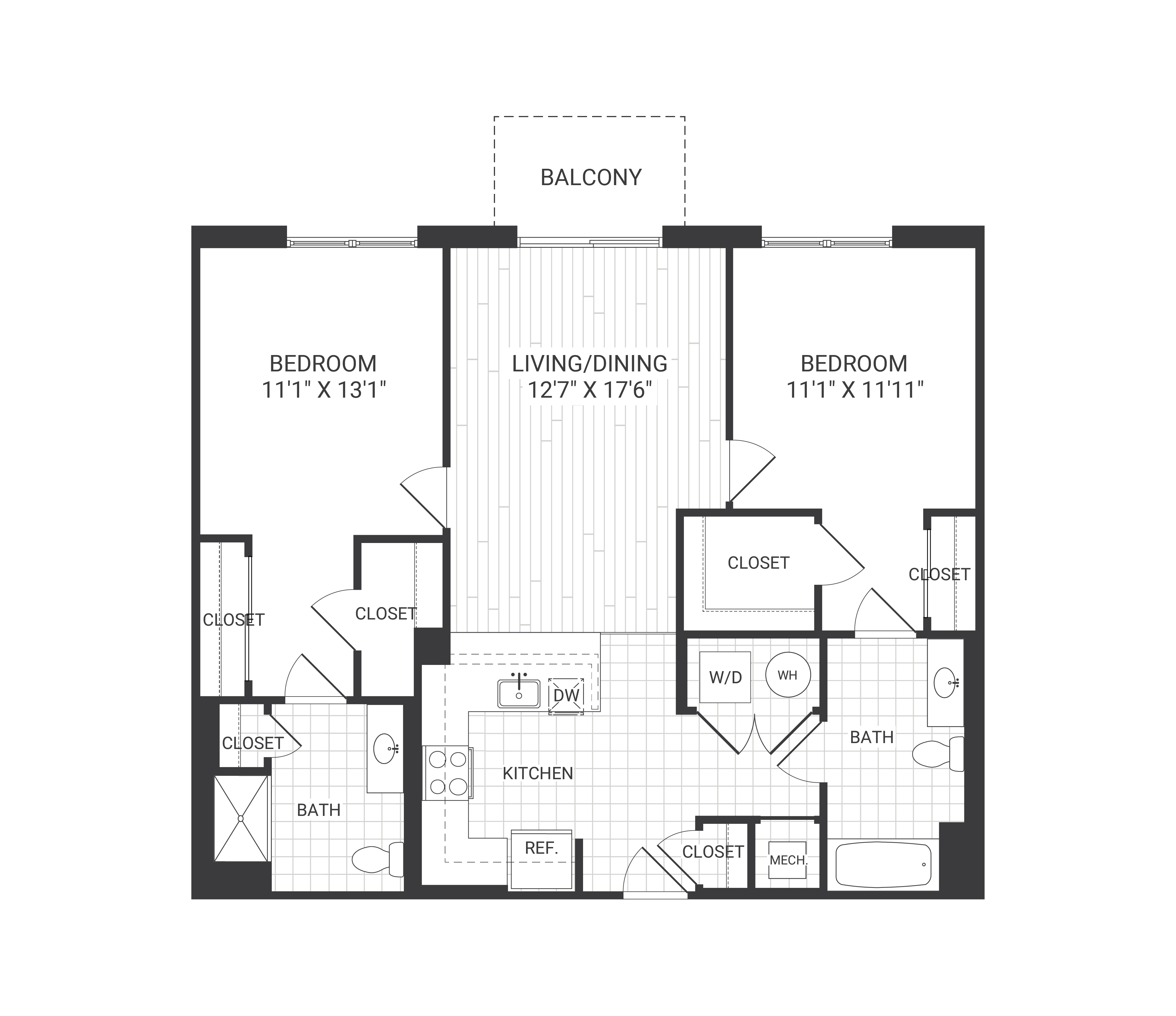 Floor plan for 2 beds, 2 baths, 1071 sqft