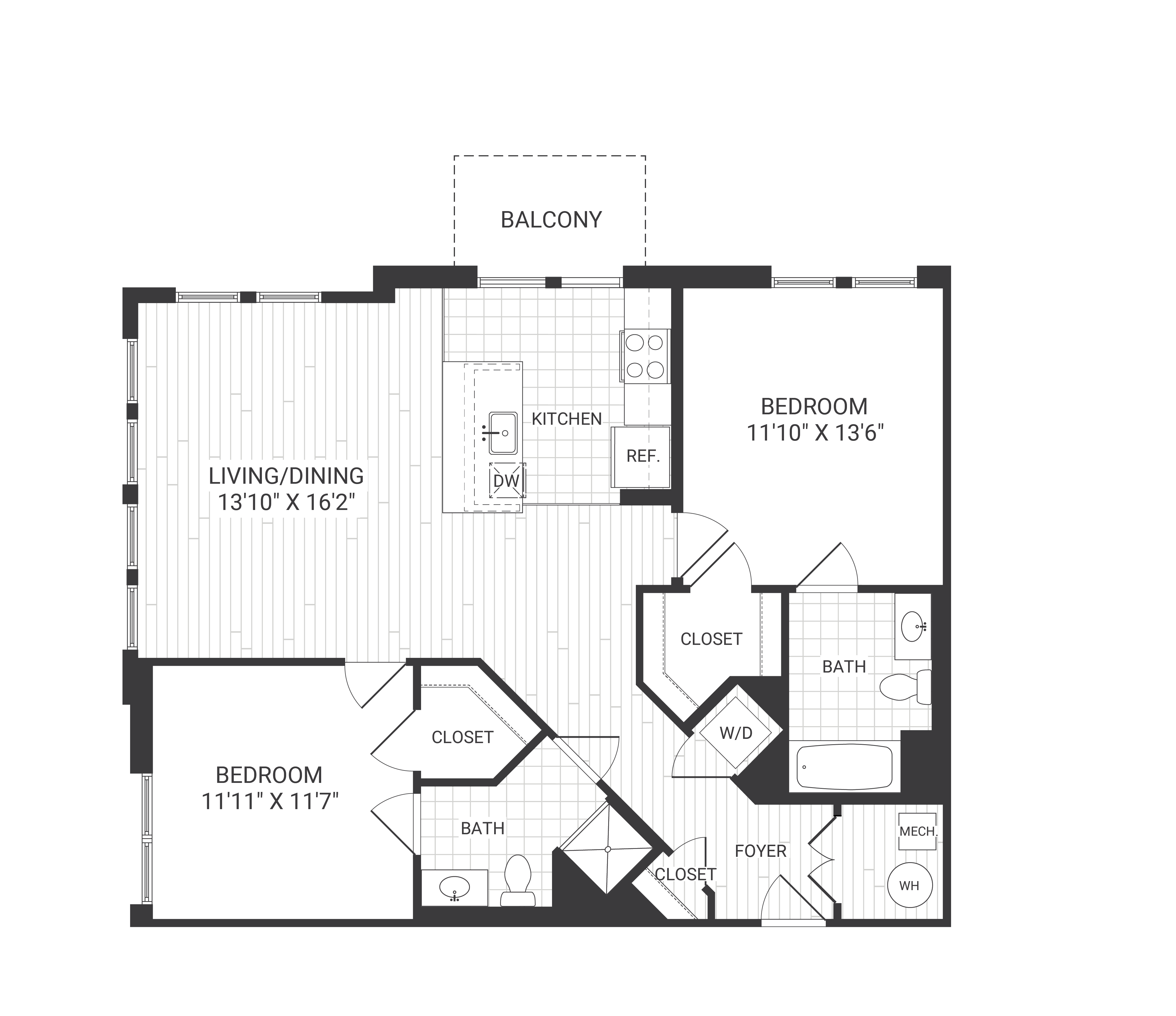 Floor plan for 2 beds, 2 baths, 1084 sqft