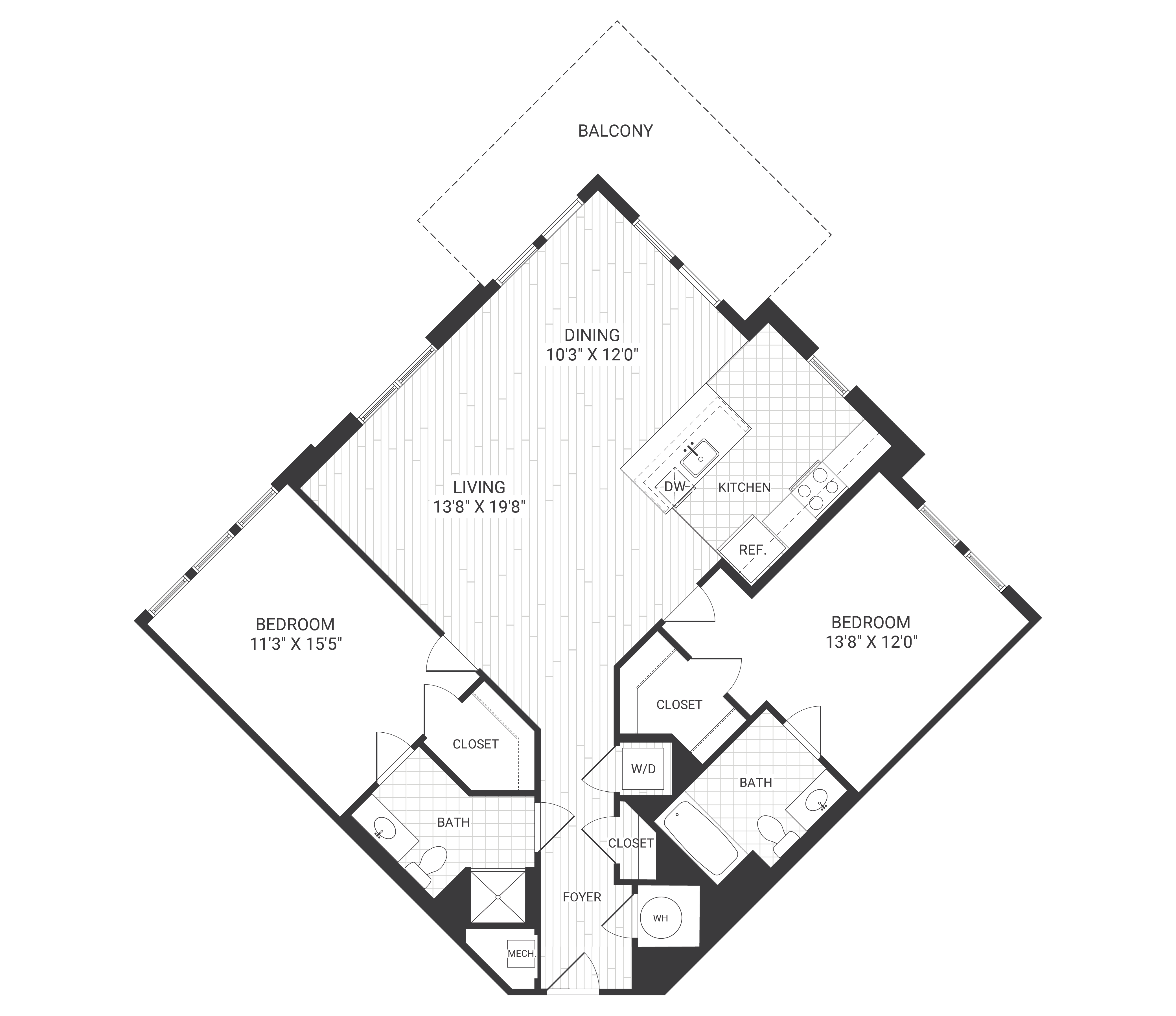 Floor plan for 2 beds, 2 baths, 1232 sqft