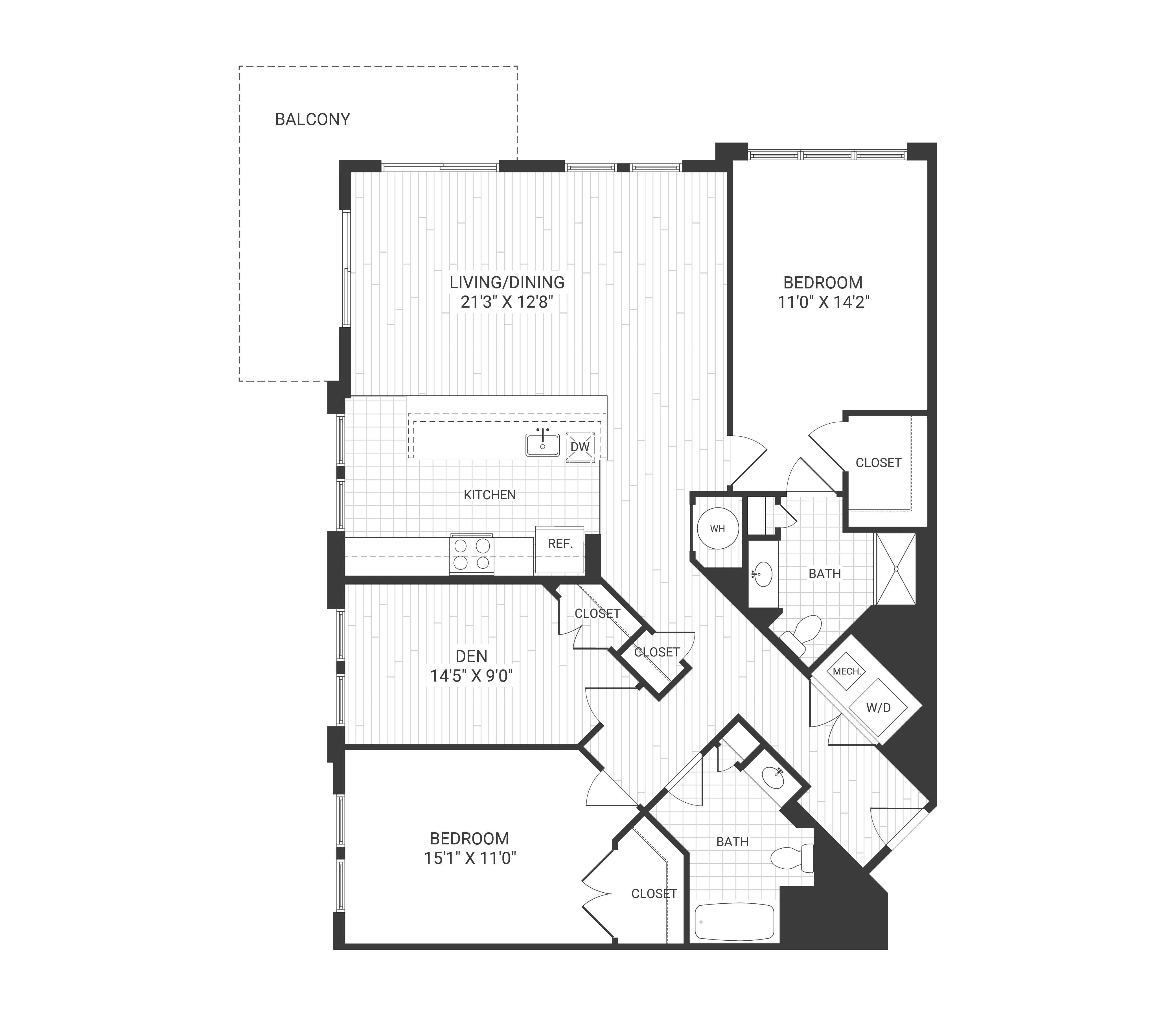 Floor plan for 2 beds, 2 baths, 1407 sqft