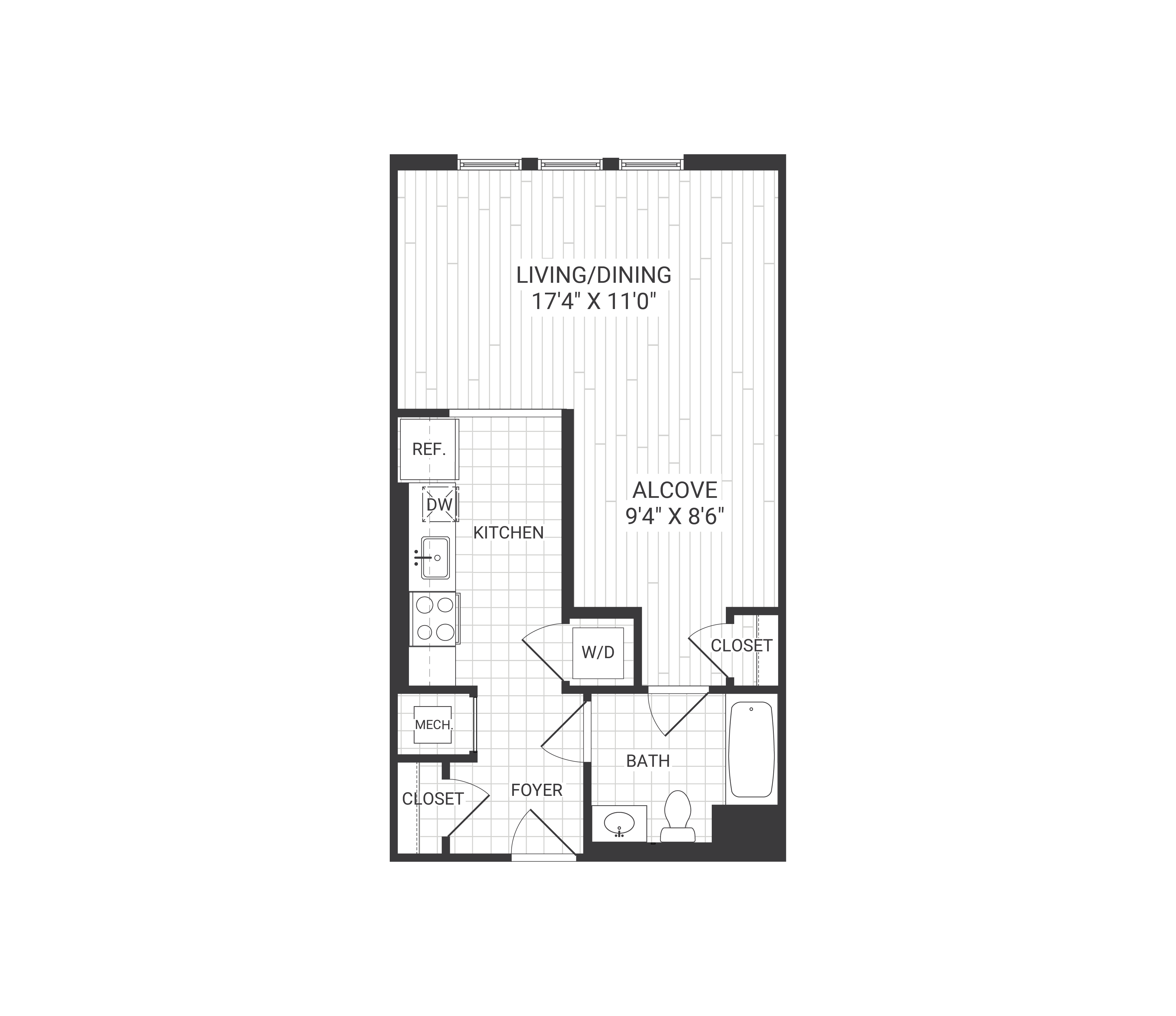 Floor plan for studio, 1 bath, 556 sqft