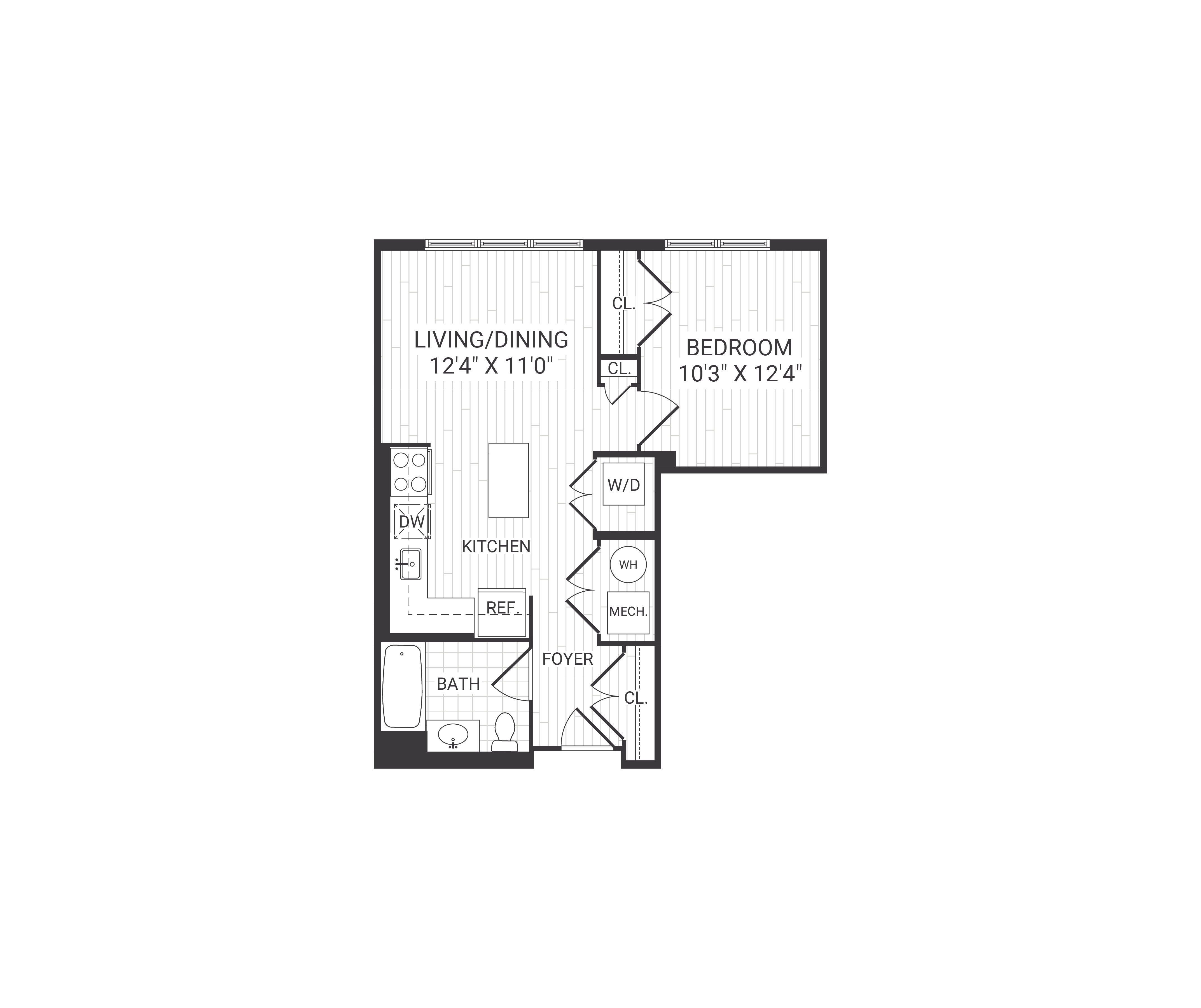 Floor plan for 1 bed, 1 bath, 601 sqft