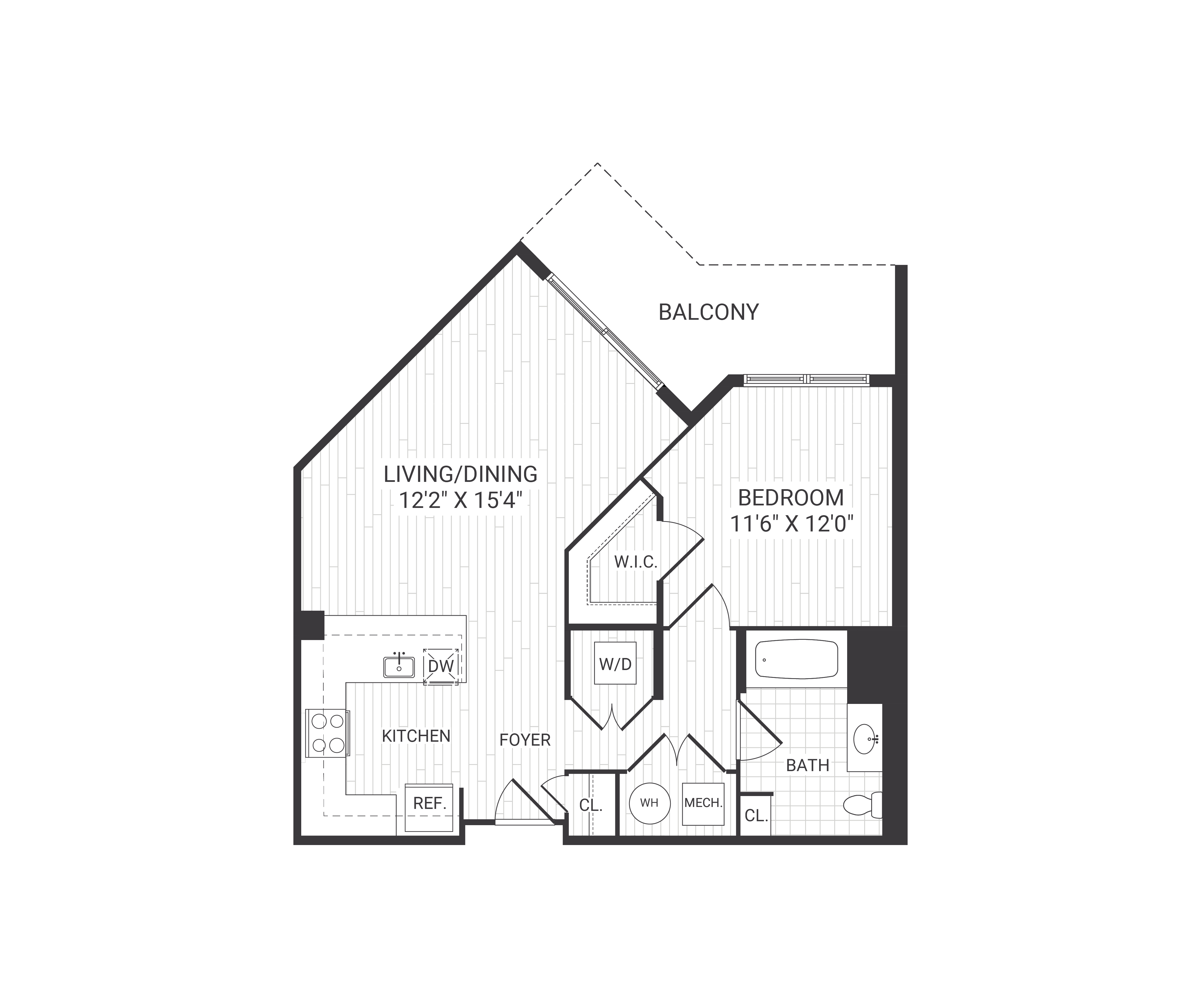 Floor plan for 1 bed, 1 bath, 744 sqft