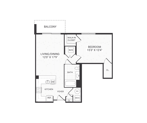 Floor plan for 1 bed, 1 bath, 794 sqft