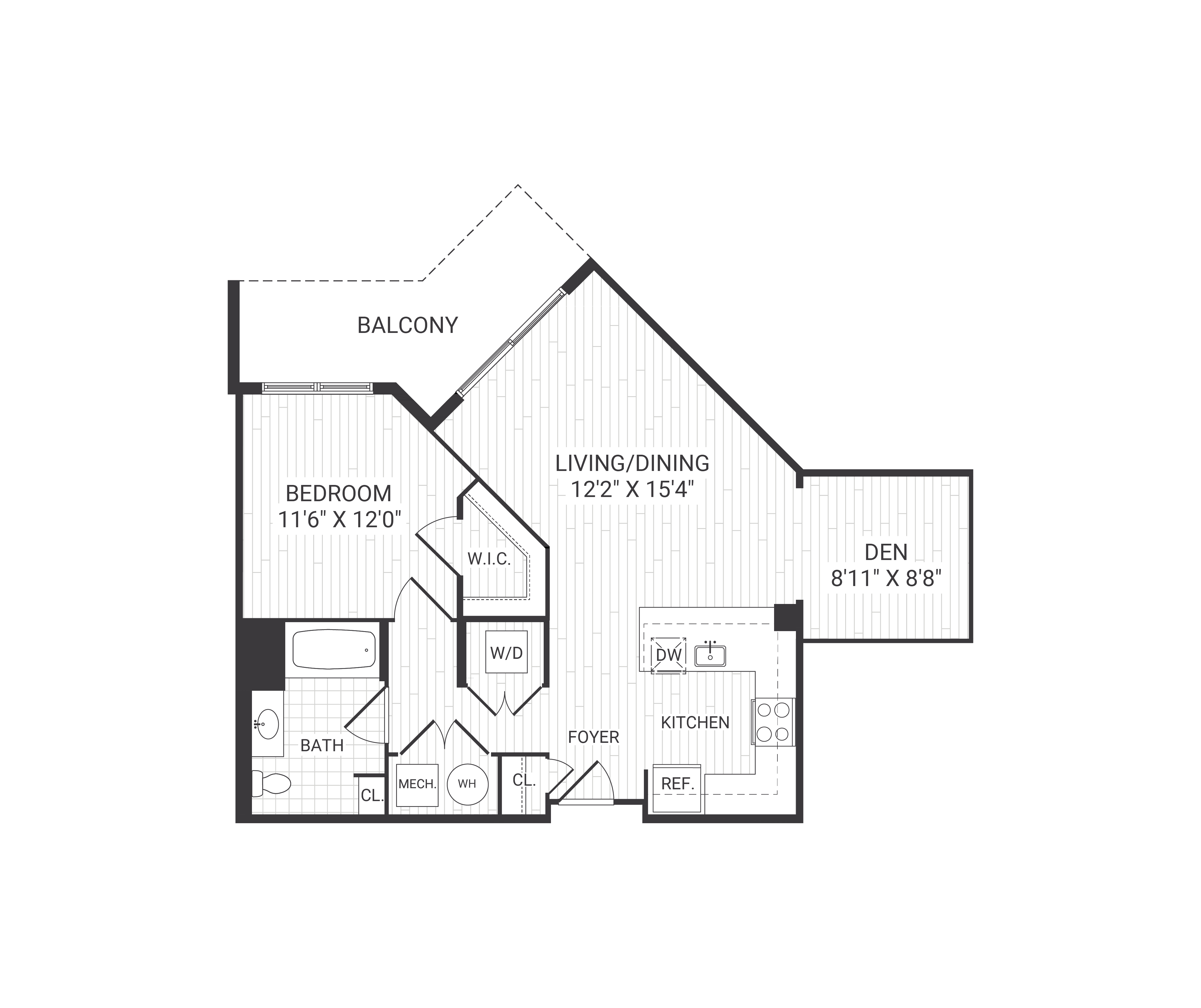Floor plan for 1 bed, 1 bath, 829 sqft