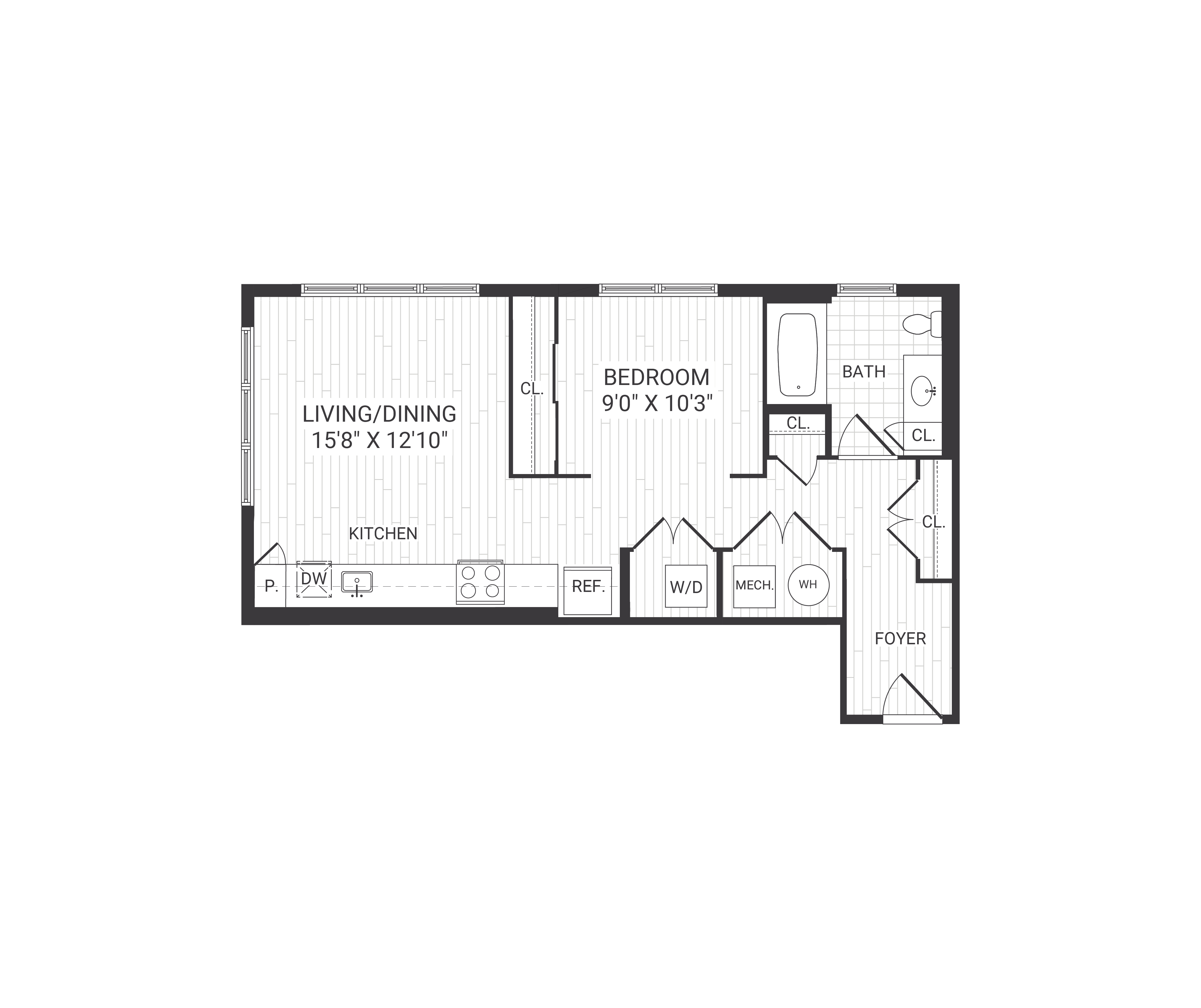 Floor plan for 1 bed, 1 bath, 642 sqft
