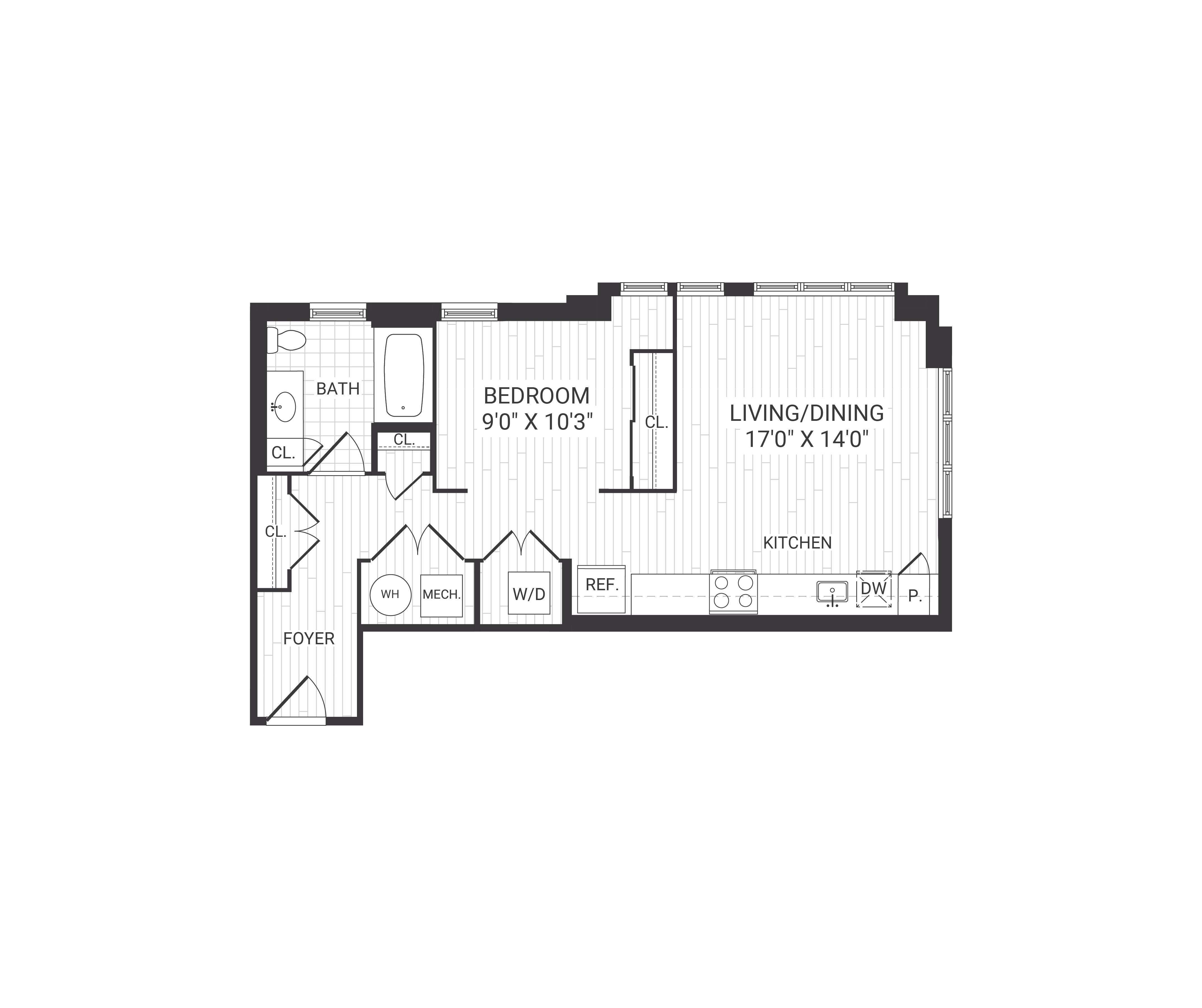 Floor plan for 1 bed, 1 bath, 682 sqft