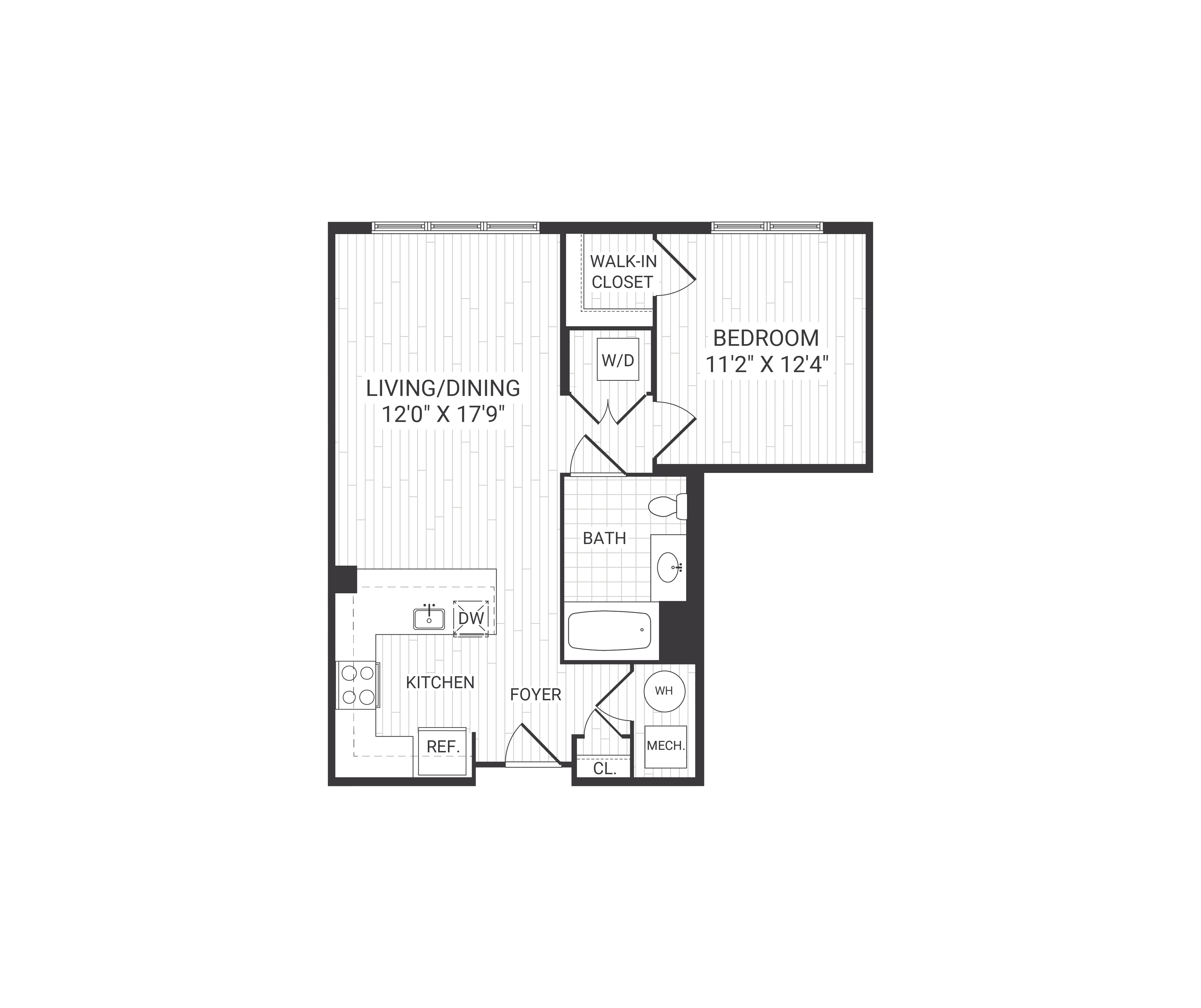 Floor plan for 1 bed, 1 bath, 707 sqft