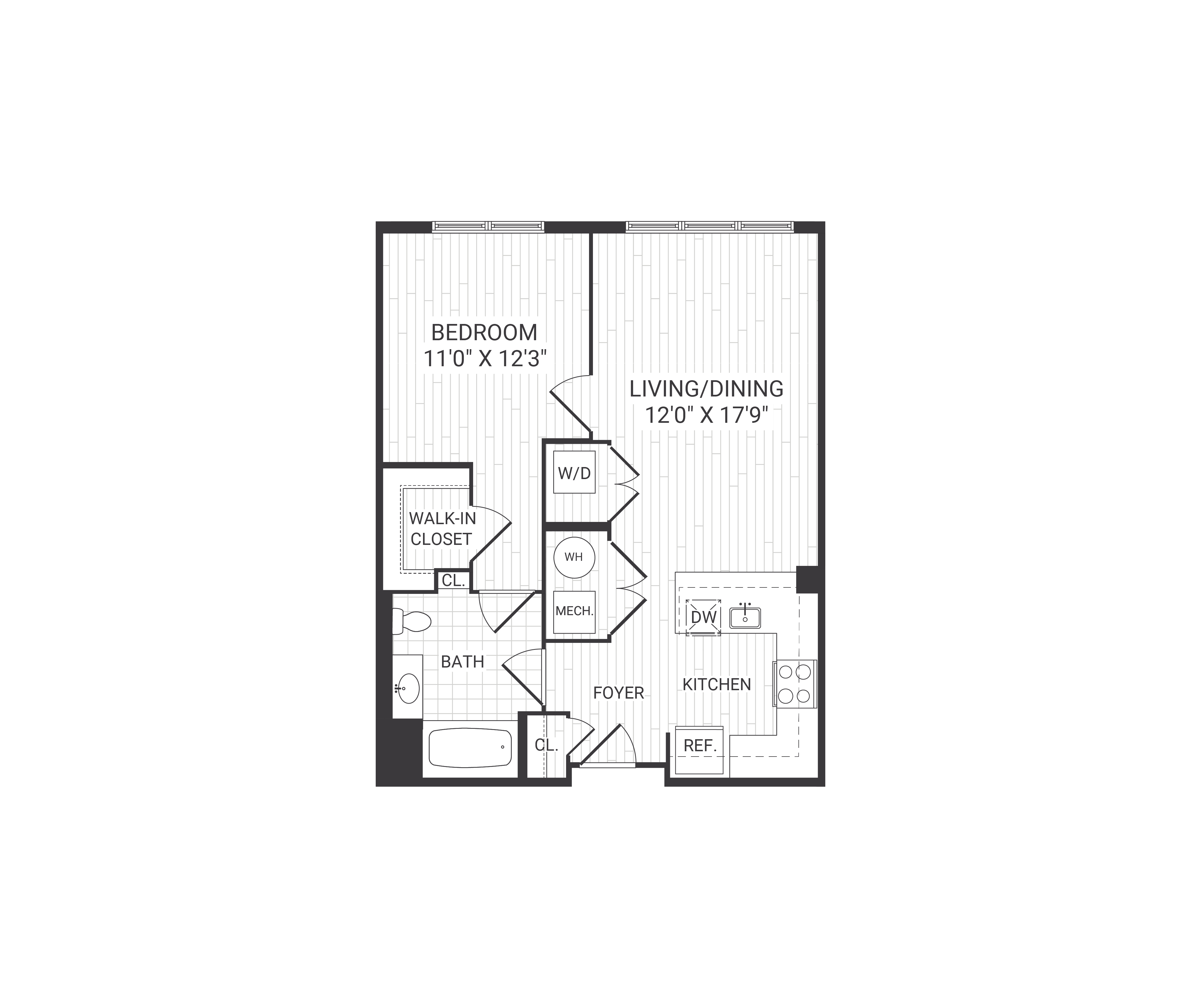 Floor plan for 1 bed, 1 bath, 715 sqft