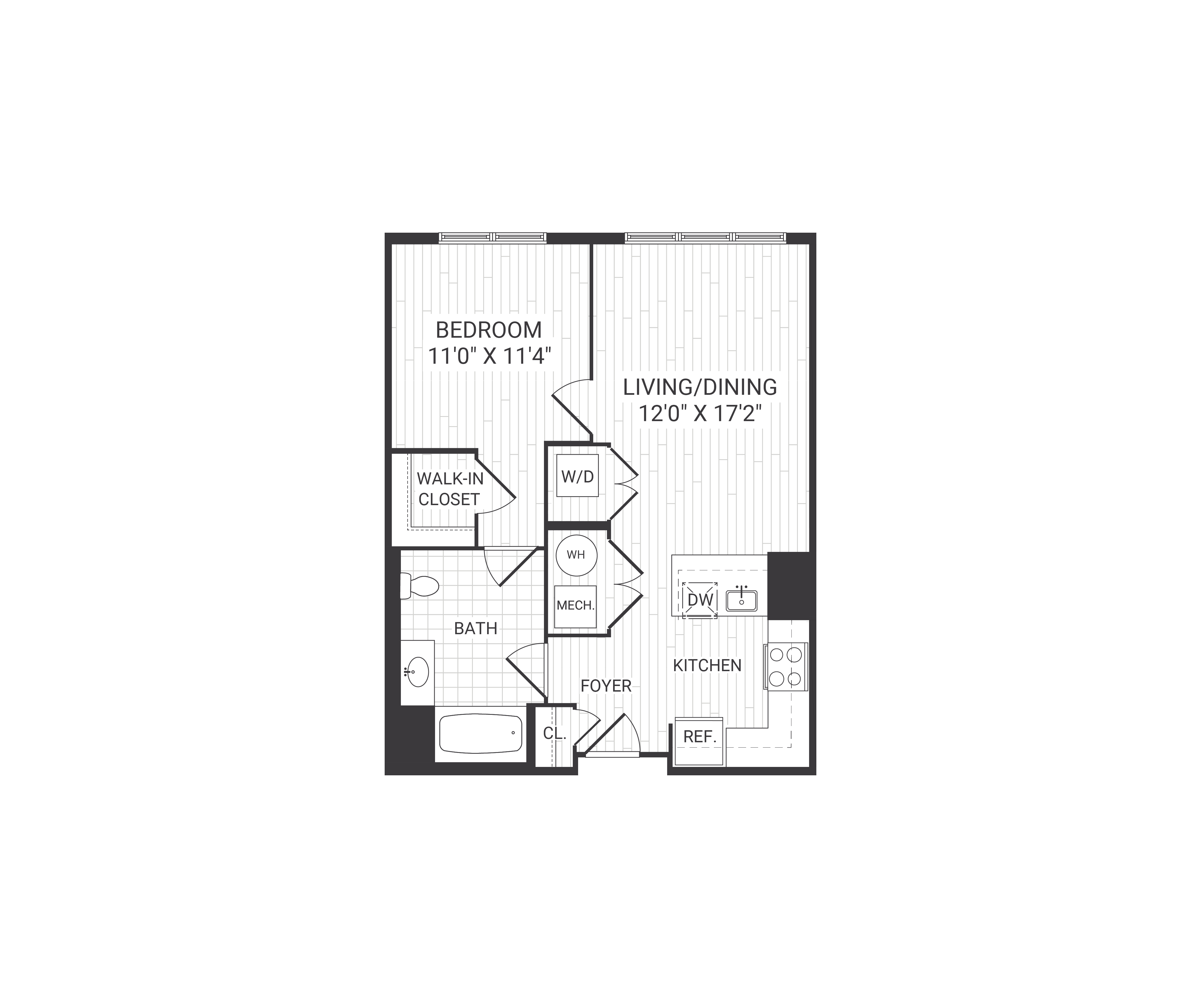 Floor plan for 1 bed, 1 bath, 715 sqft