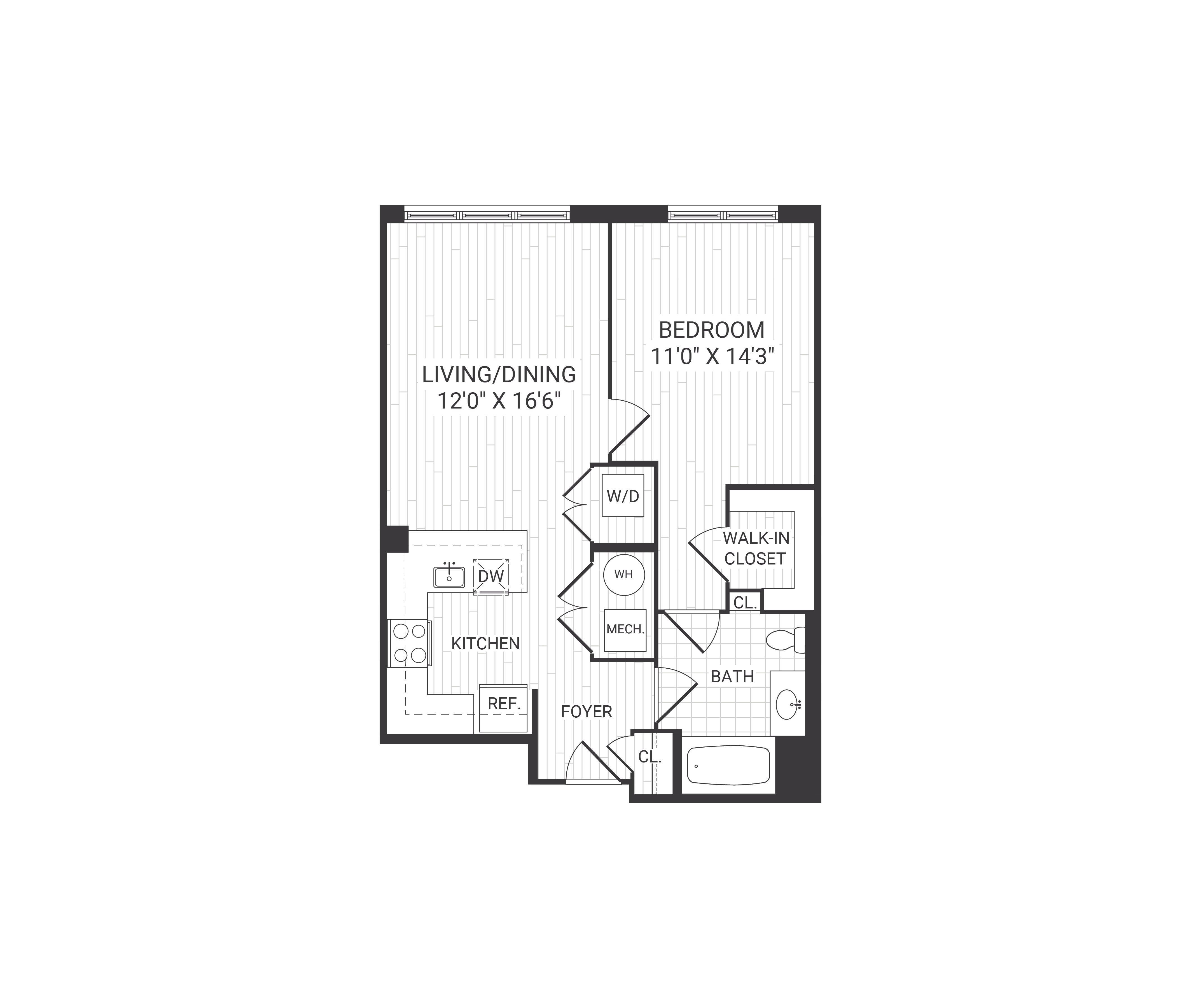 Floor plan for 1 bed, 1 bath, 737 sqft
