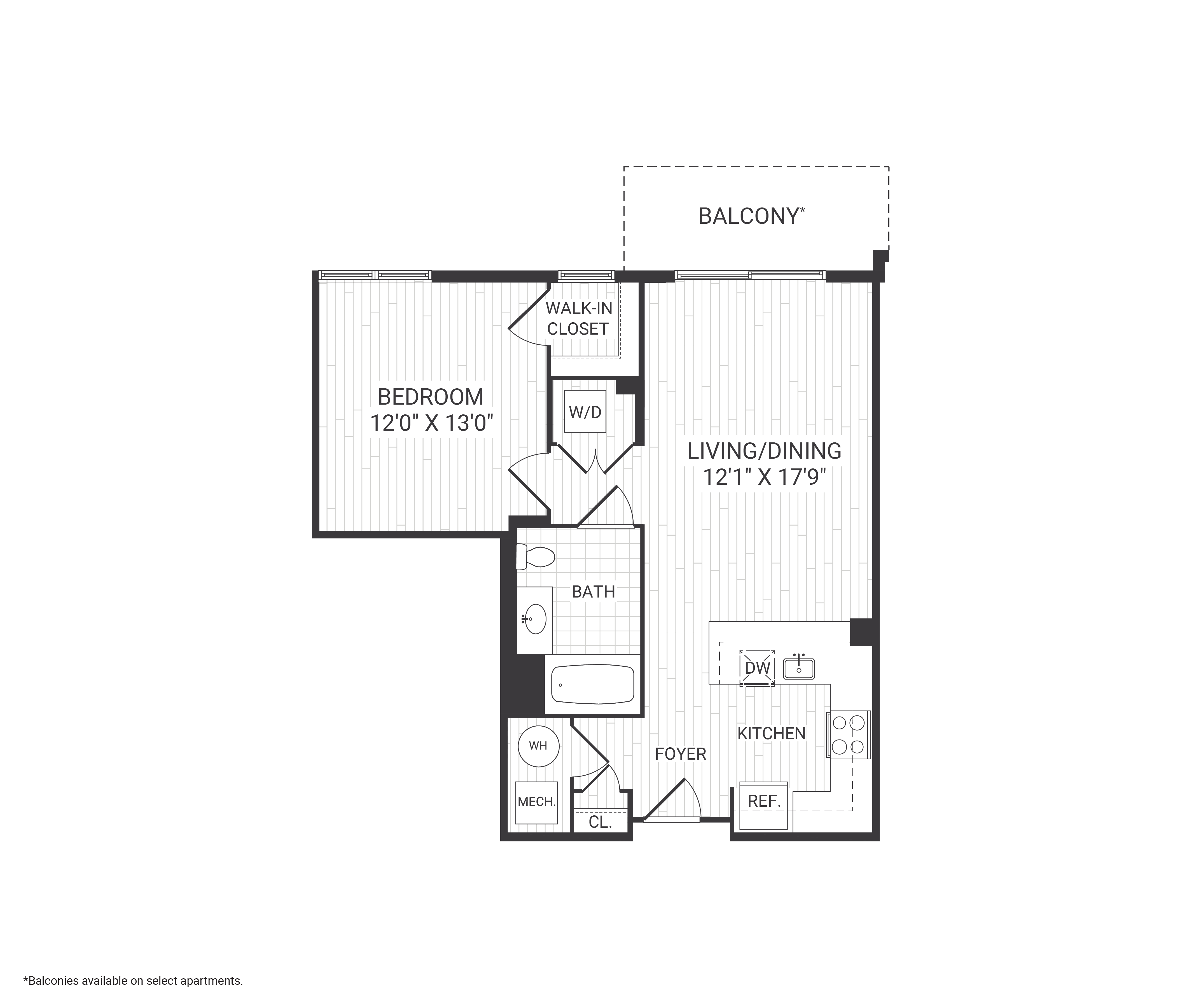 Floor plan for 1 bed, 1 bath, 738 sqft