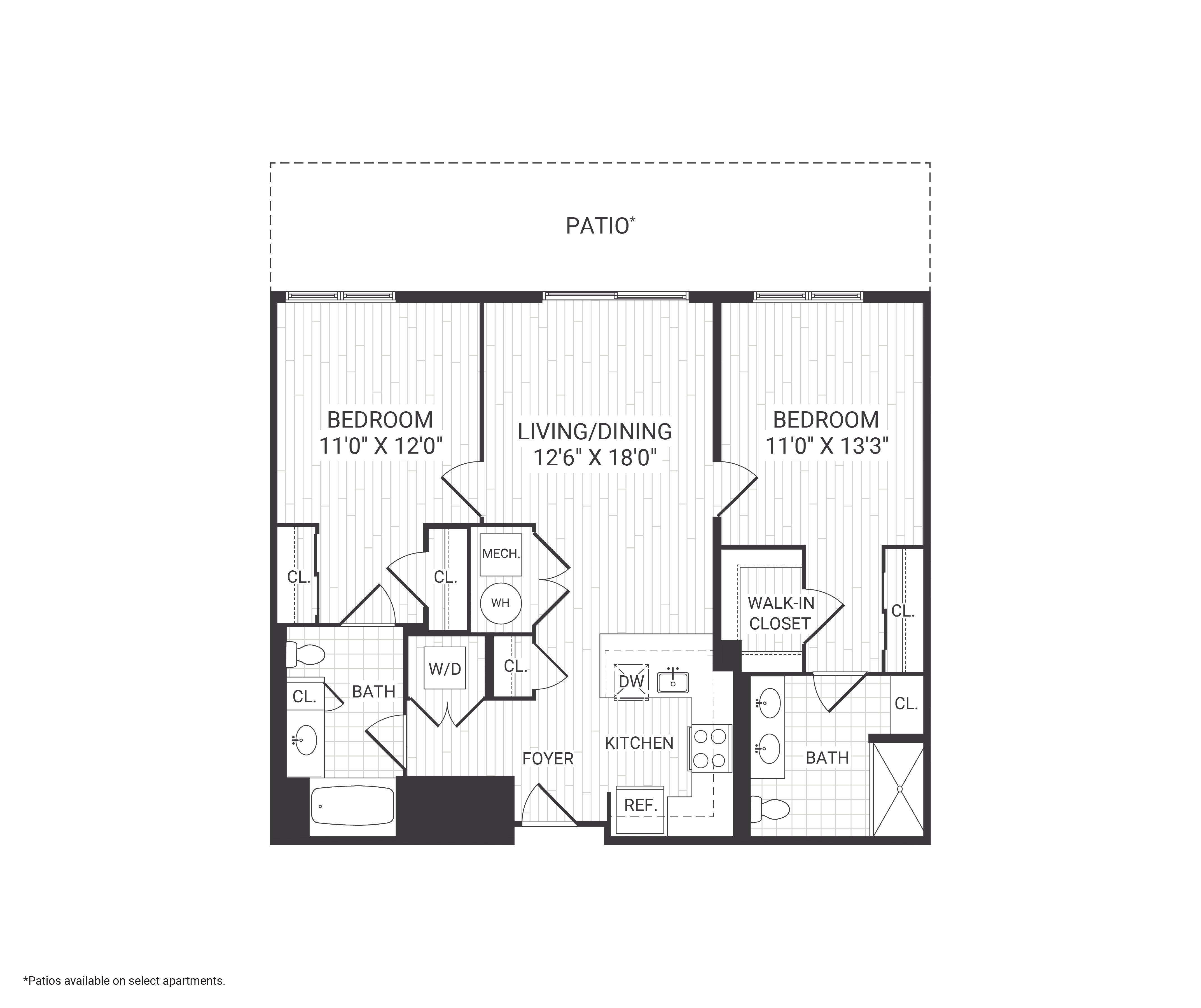 Floor plan for 2 beds, 2 baths, 1051 sqft