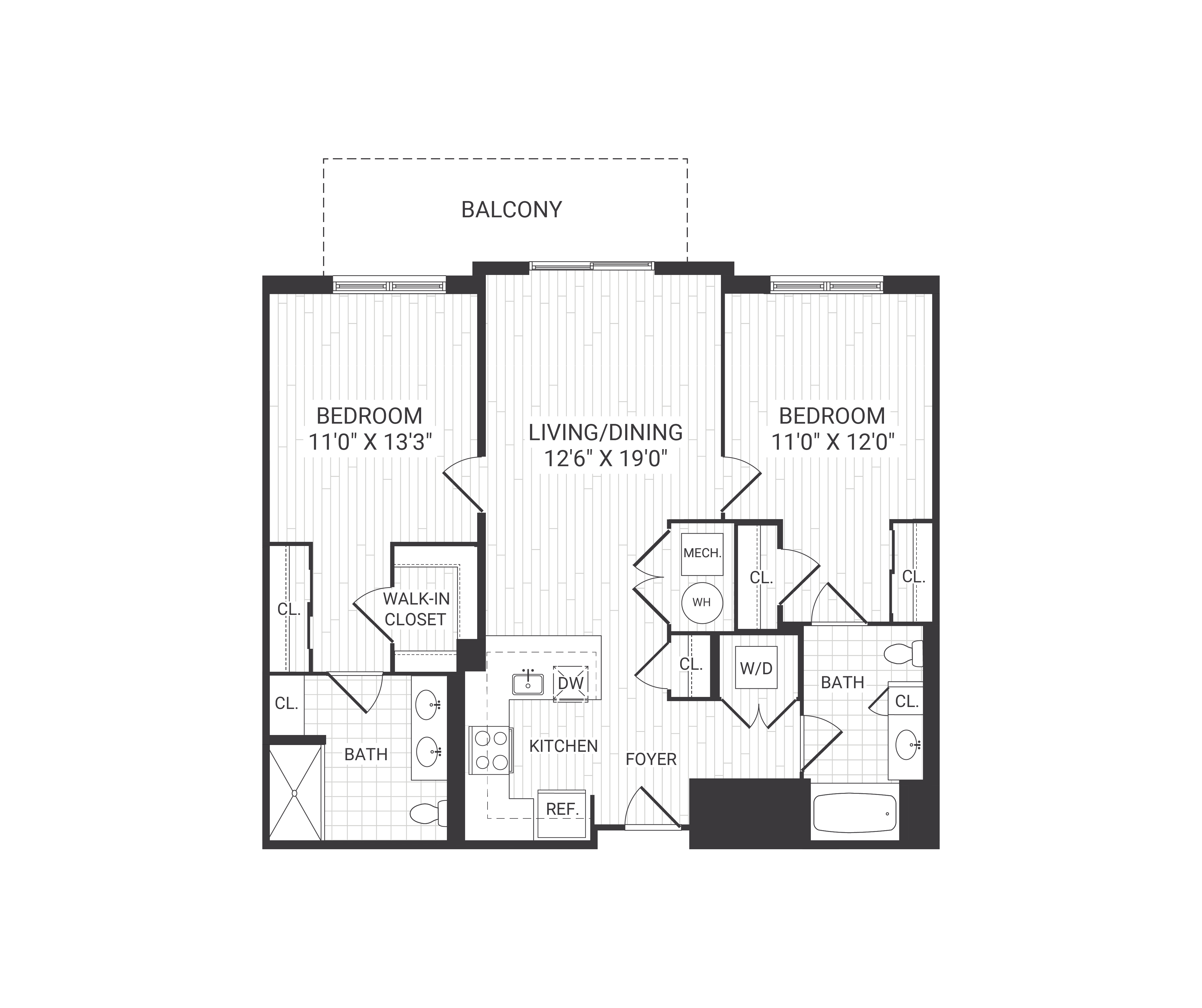 Floor plan for 2 beds, 2 baths, 1064 sqft