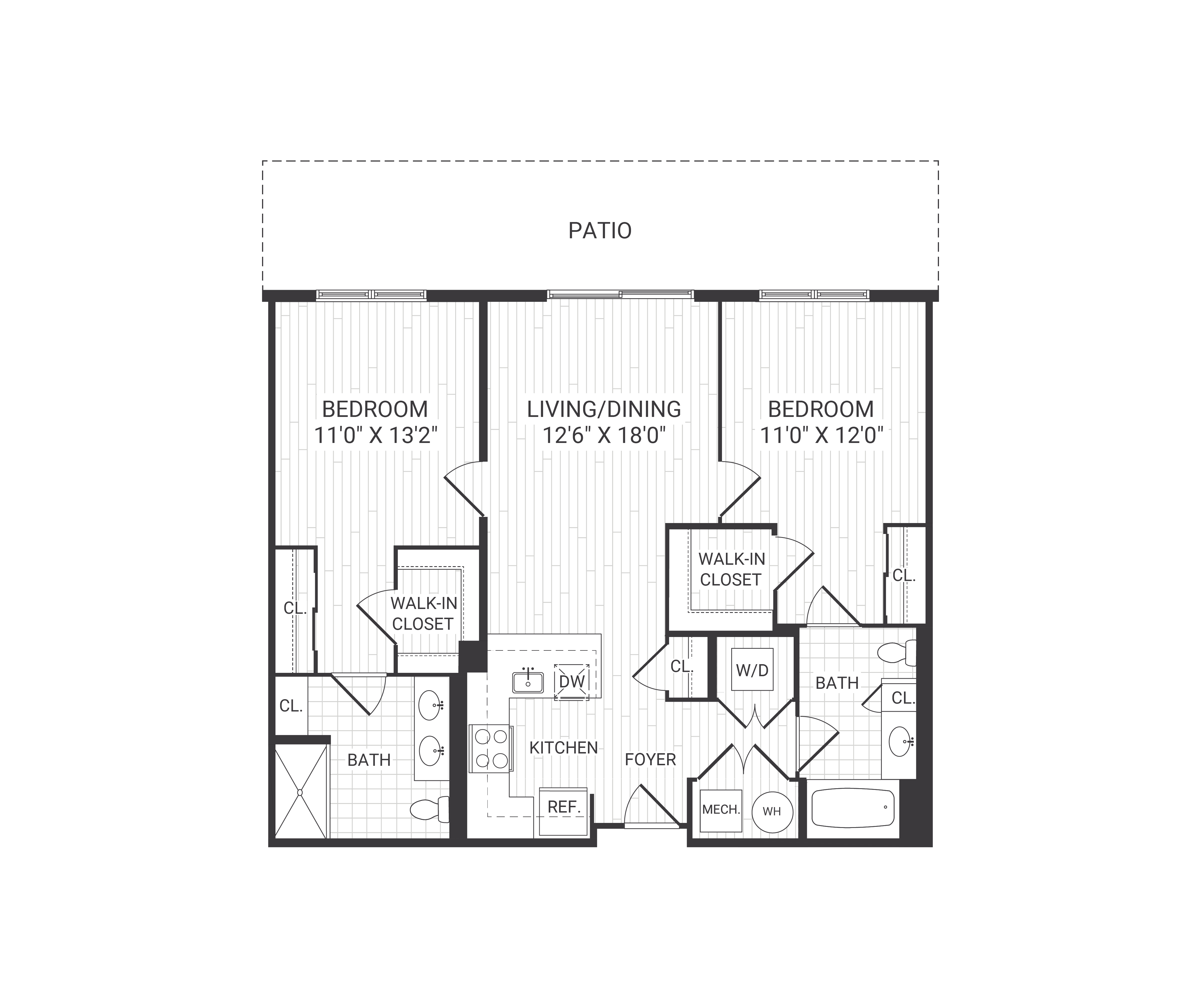 Floor plan for 2 beds, 2 baths, 1076 sqft