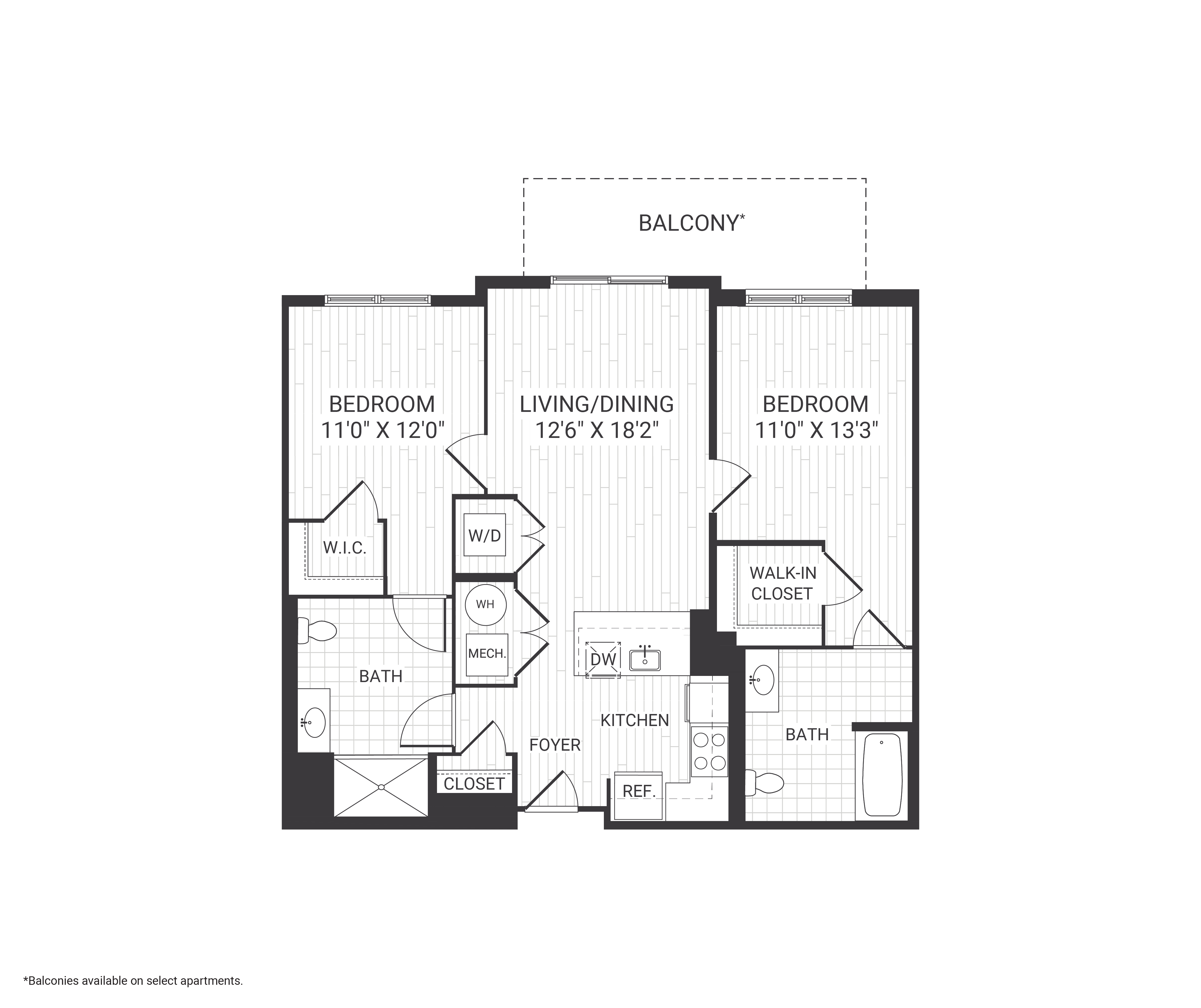 Floor plan for 2 beds, 2 baths, 1076 sqft
