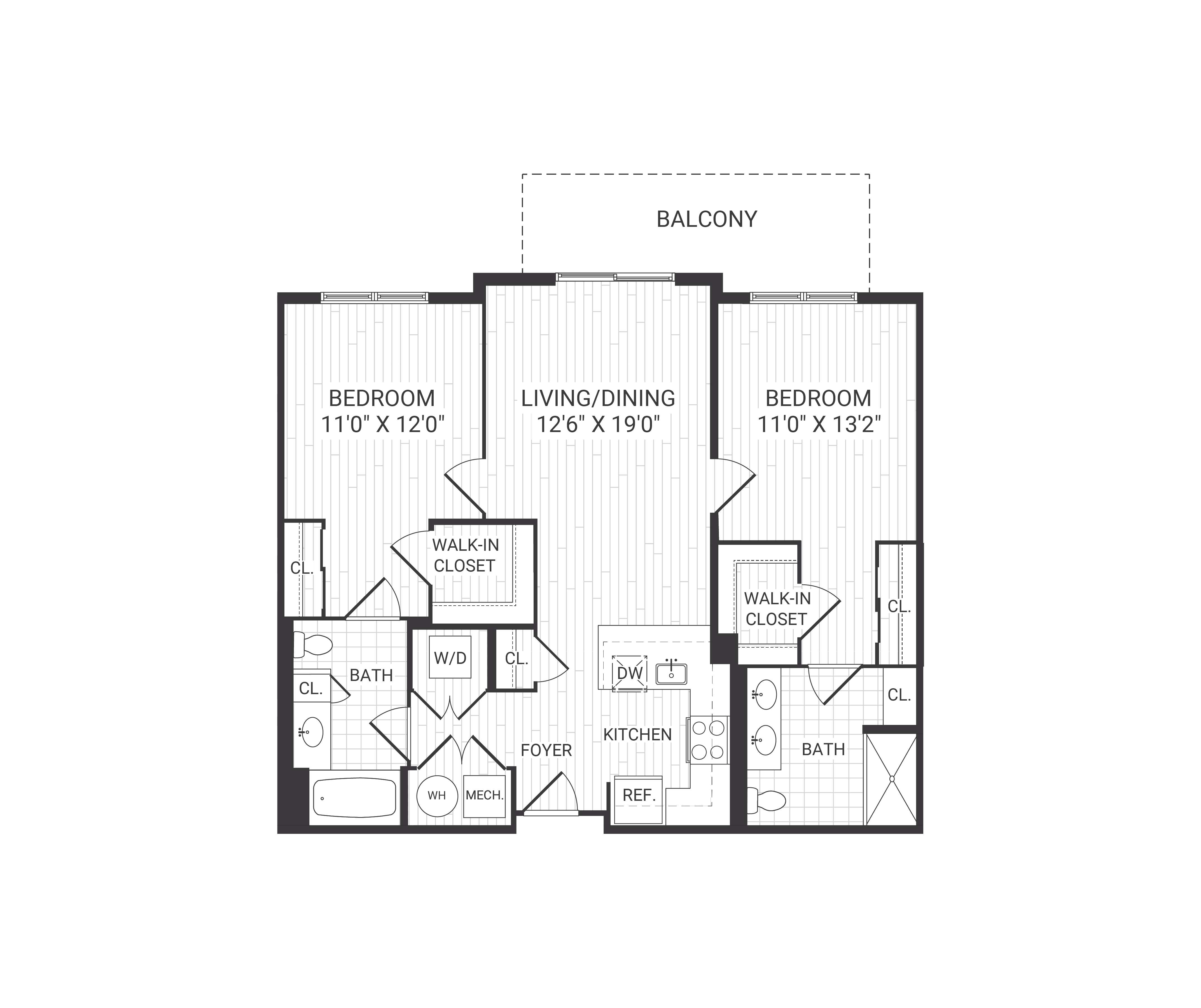 Floor plan for 2 beds, 2 baths, 1089 sqft