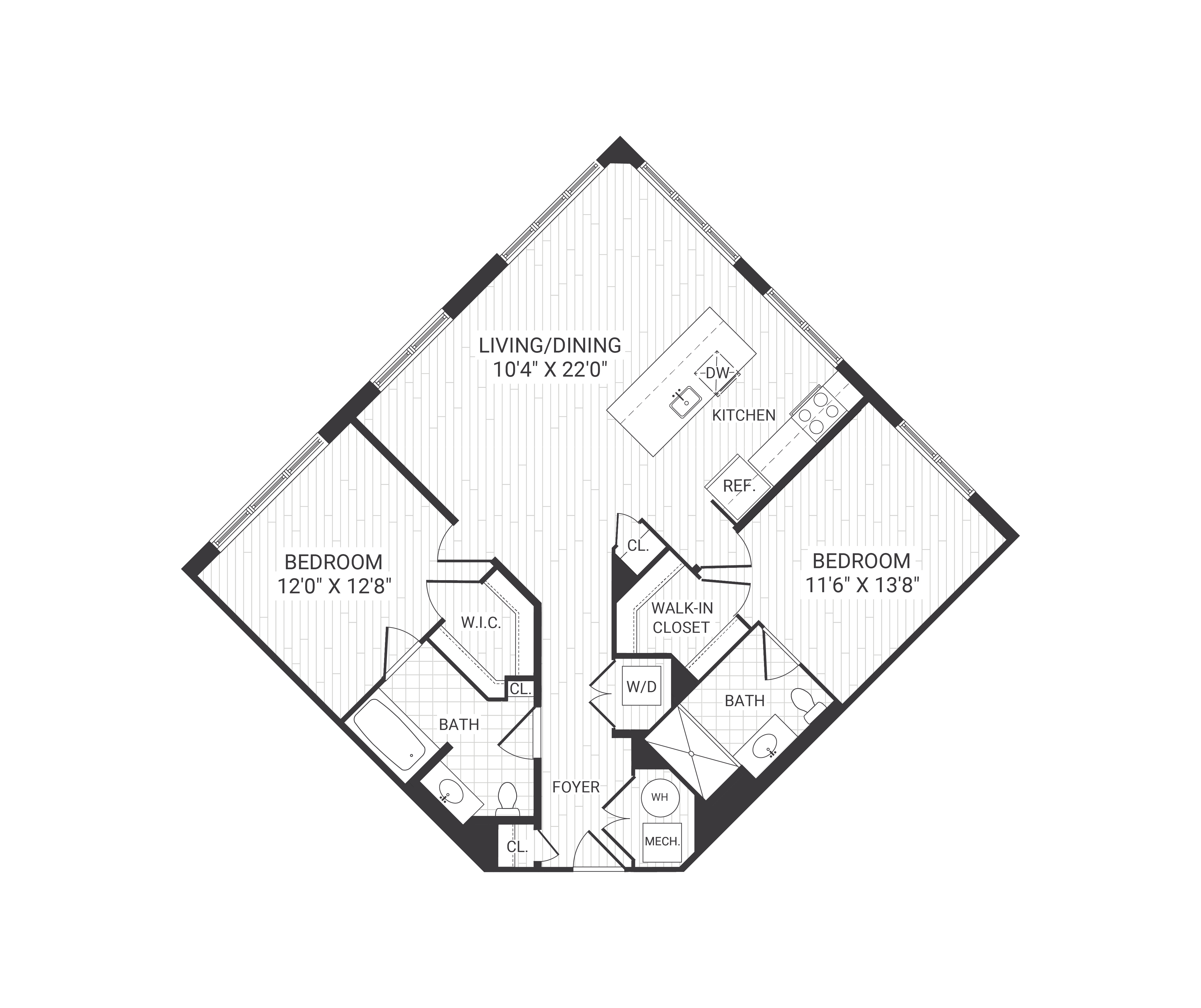 Floor plan for 2 beds, 2 baths, 1146 sqft