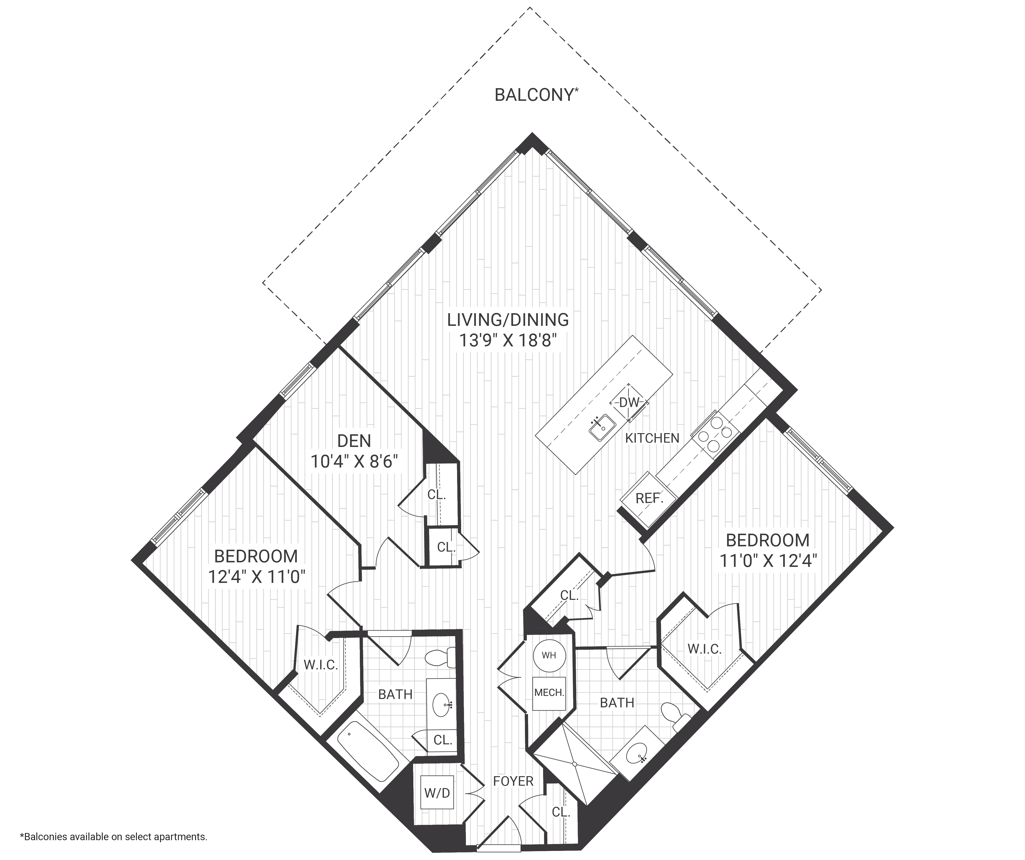 Floor plan for 2 beds, 2 baths, 1365 sqft