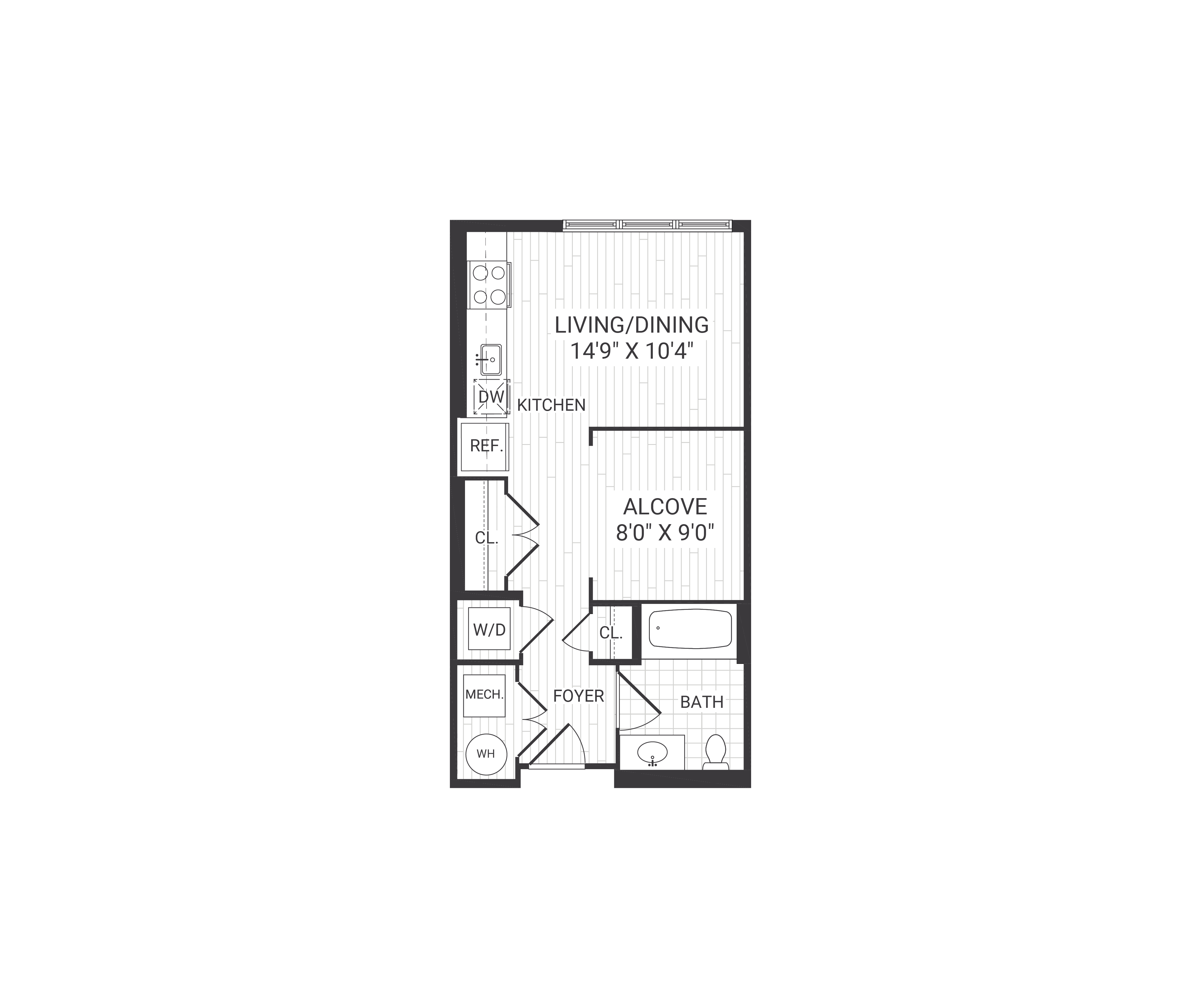 Floor plan for studio, 1 bath, 476 sqft