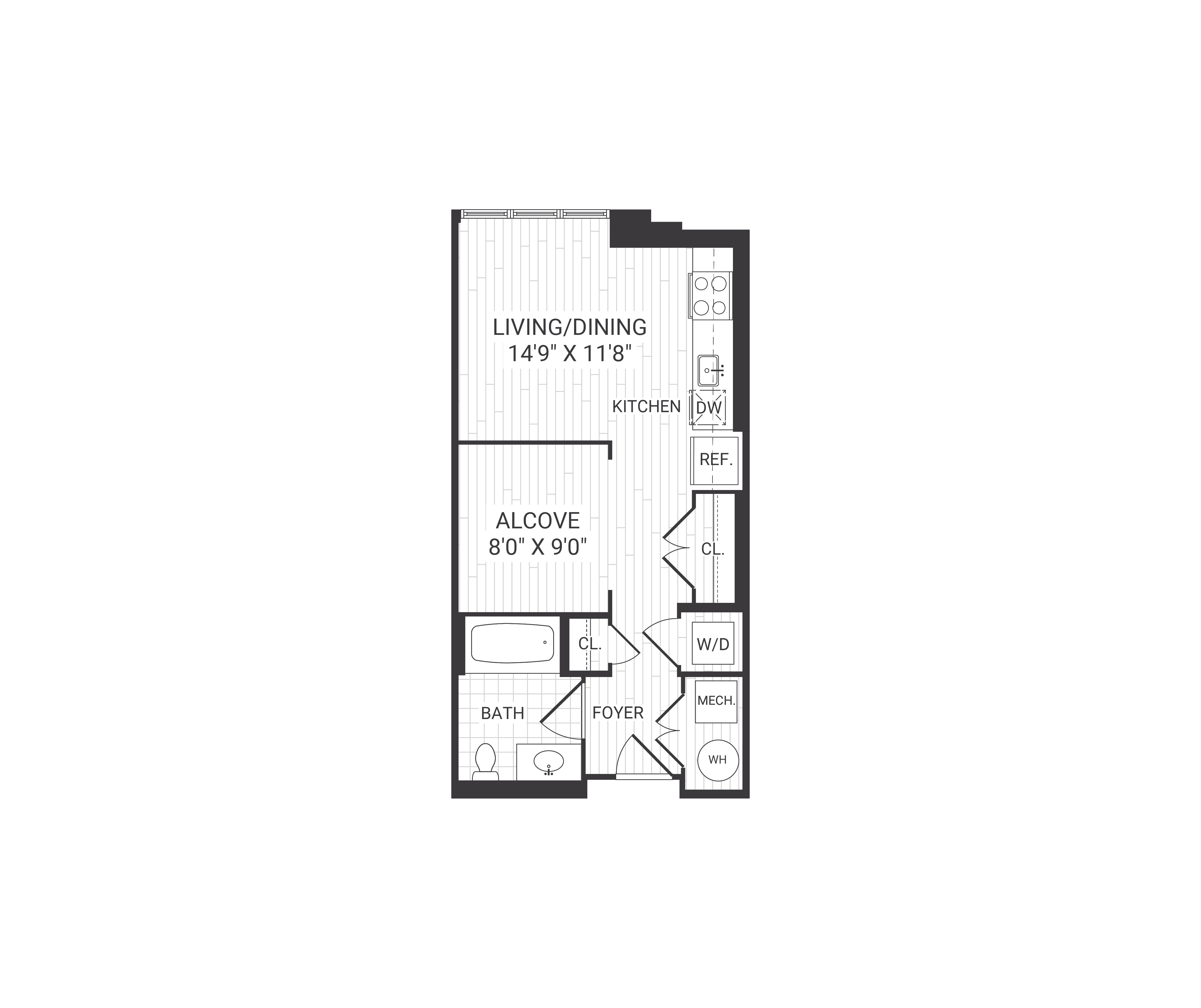 Floor plan for studio, 1 bath, 495 sqft