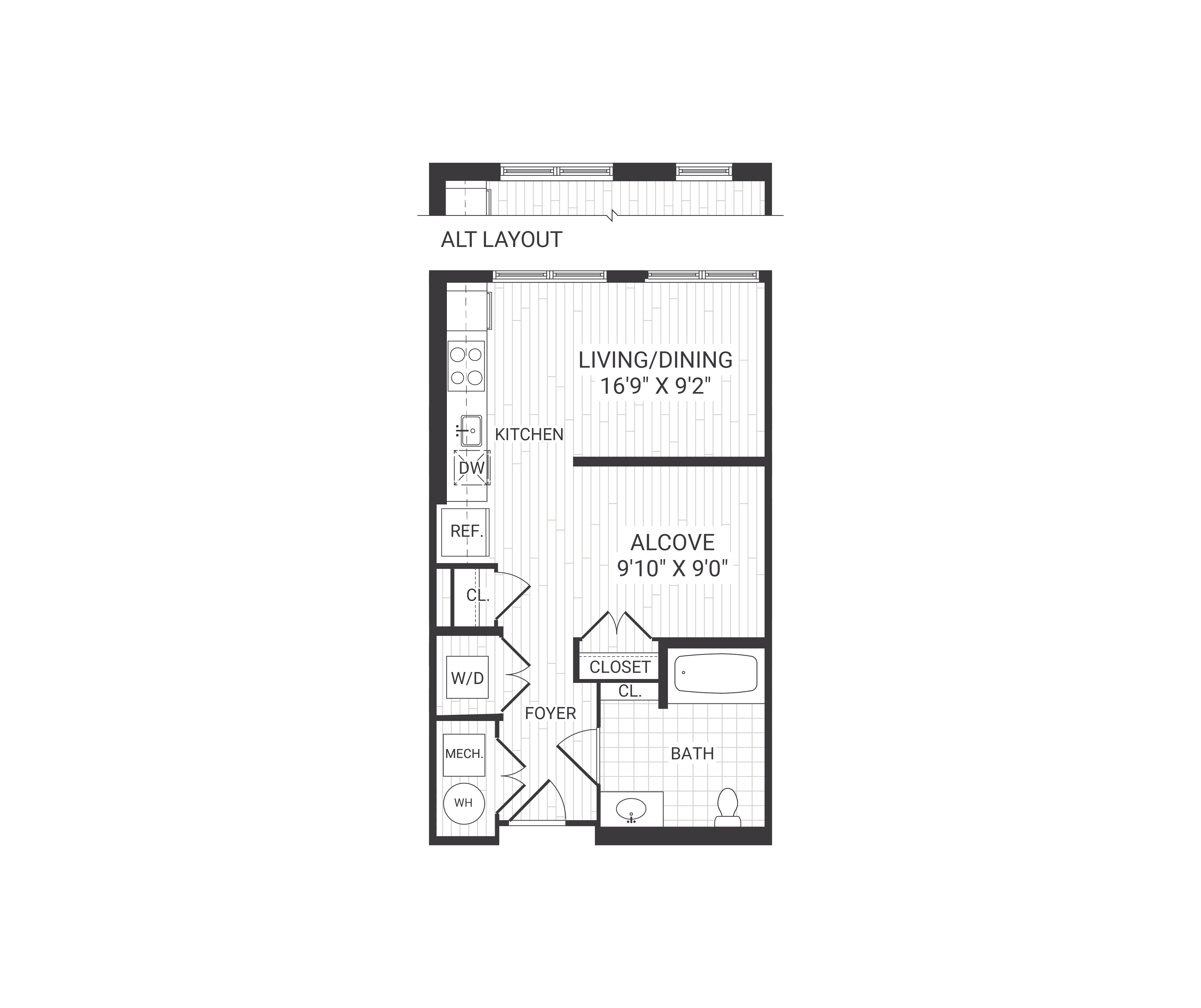 Floor plan for studio, 1 bath, 536 sqft
