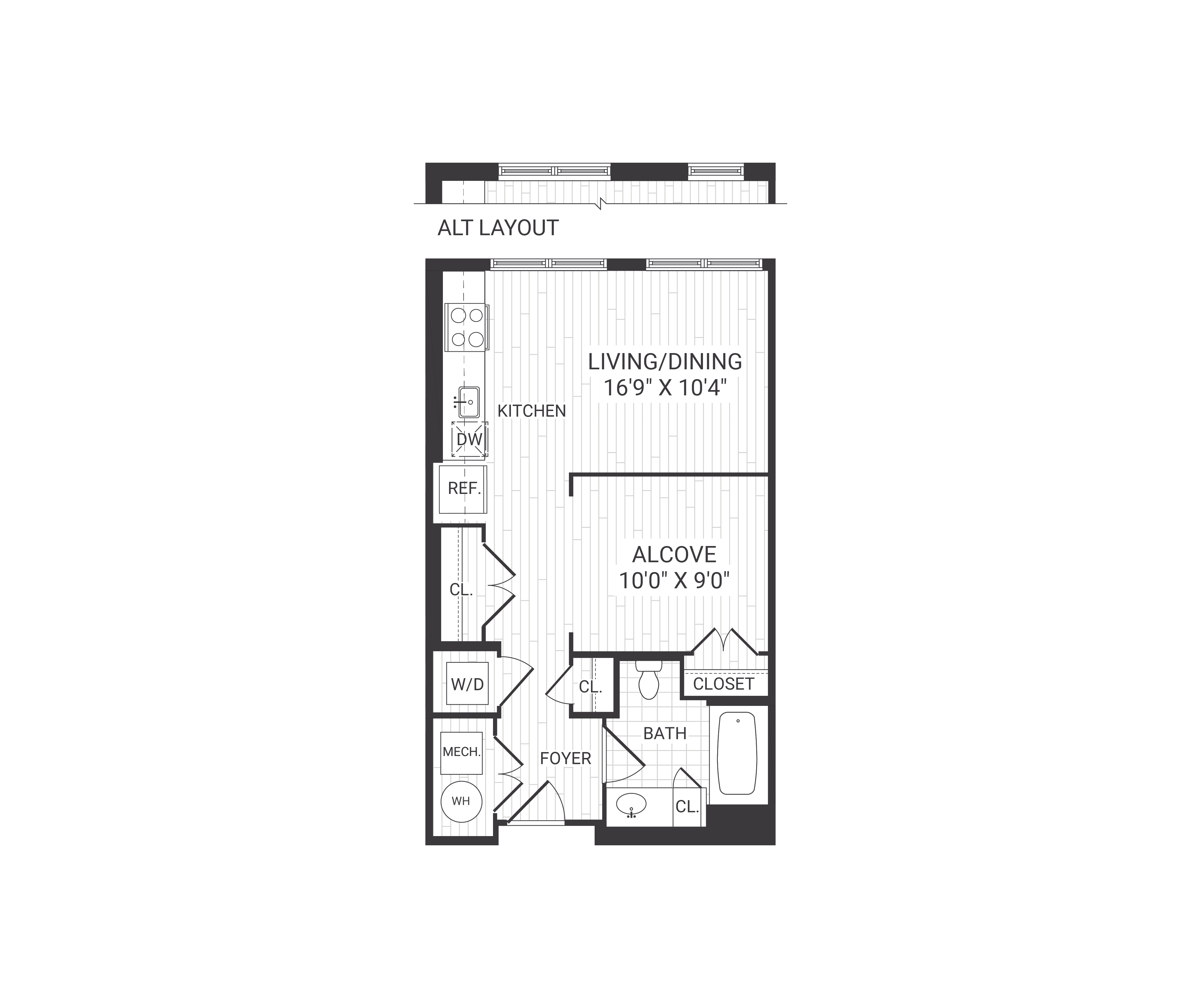 Floor plan for studio, 1 bath, 536 sqft