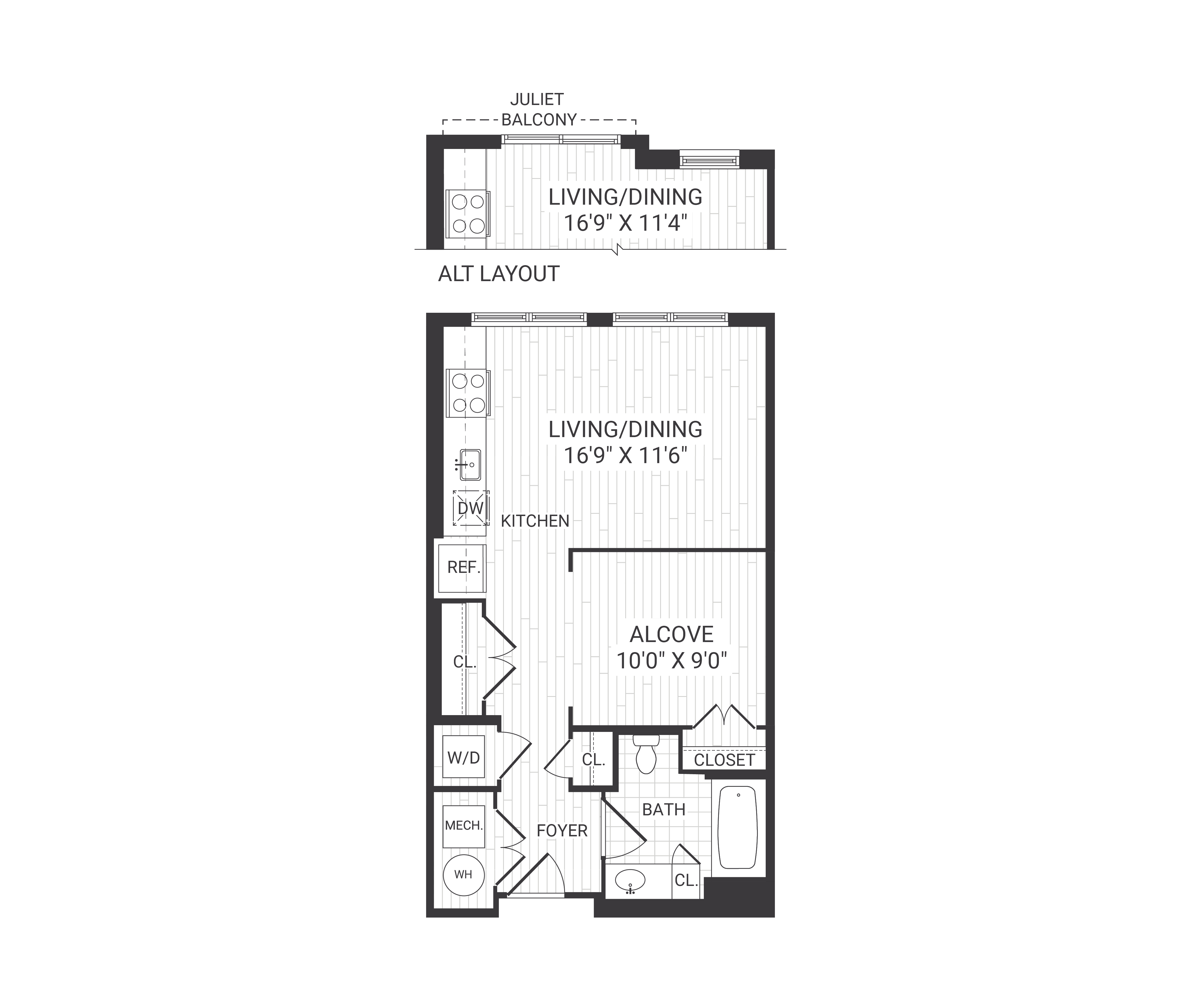 Floor plan for studio, 1 bath, 550 sqft