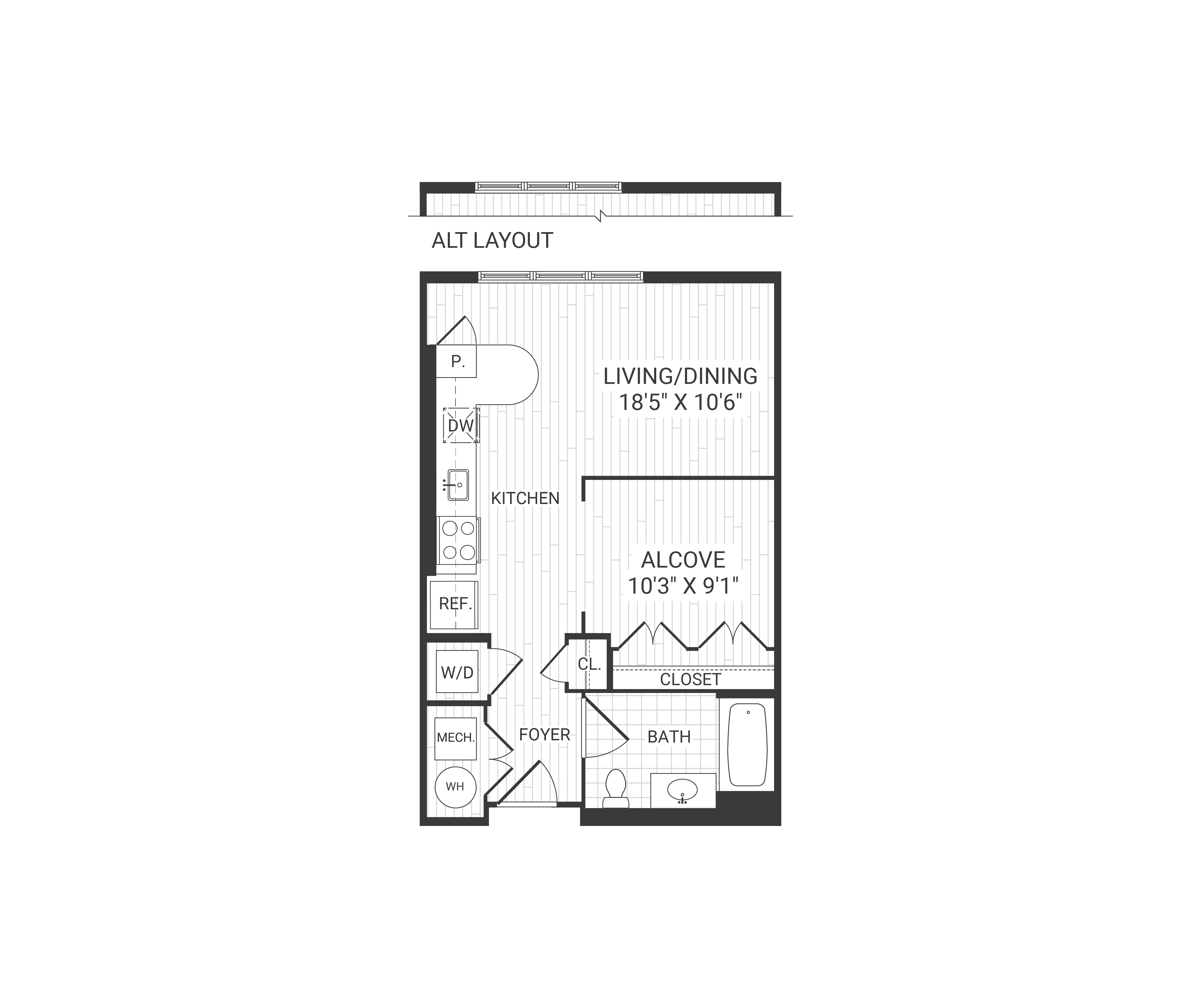 Floor plan for studio, 1 bath, 585 sqft