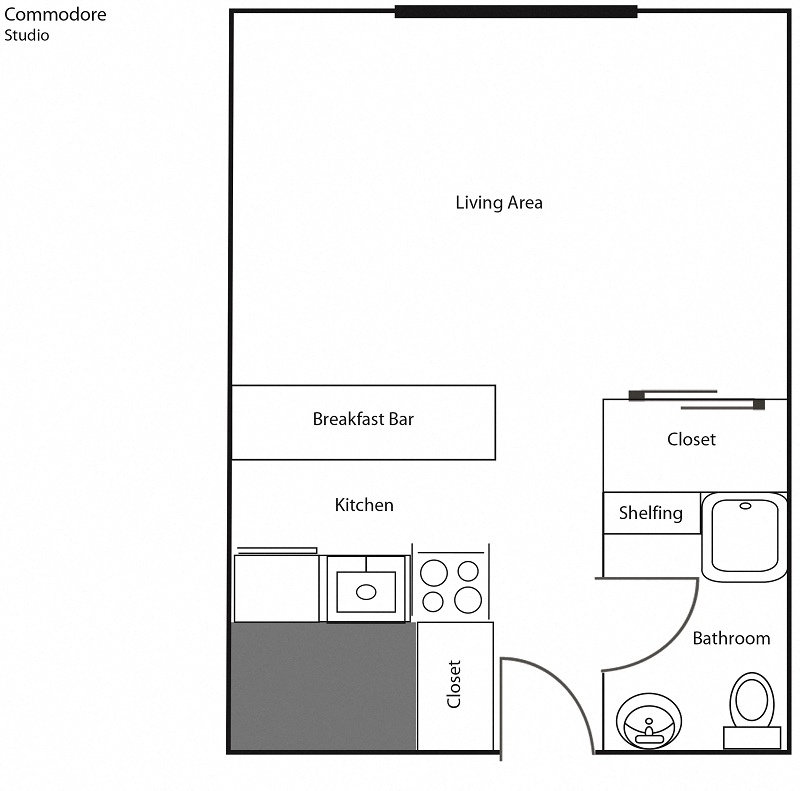 Floor plan for studio, 1 bath, 400 sqft