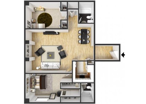 Floor plan for 2 beds, 2 baths, 1107 sqft