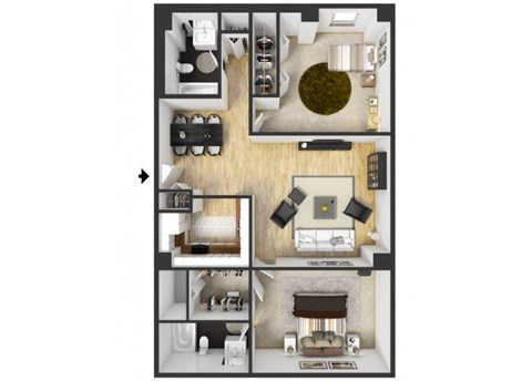 Floor plan for 2 beds, 2 baths, 1009 sqft