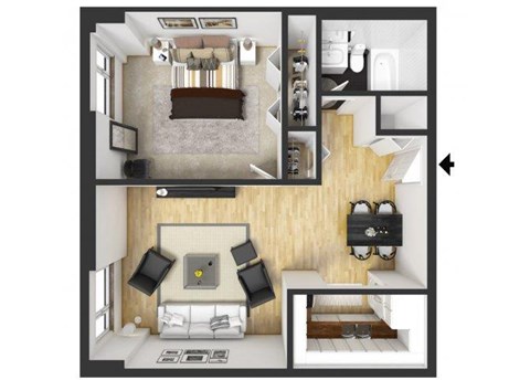 Floor plan for 1 bed, 1 bath, 667 sqft
