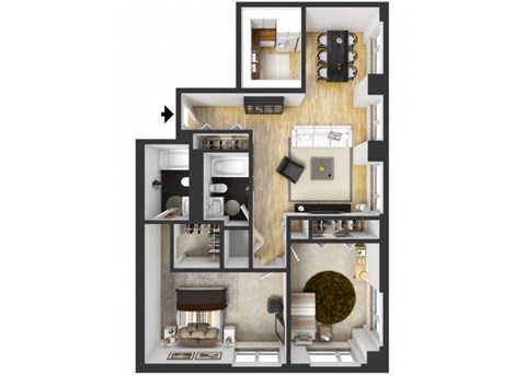 Floor plan for 2 beds, 2 baths, 977 sqft