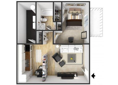 Floor plan for 1 bed, 1 bath, 576 sqft