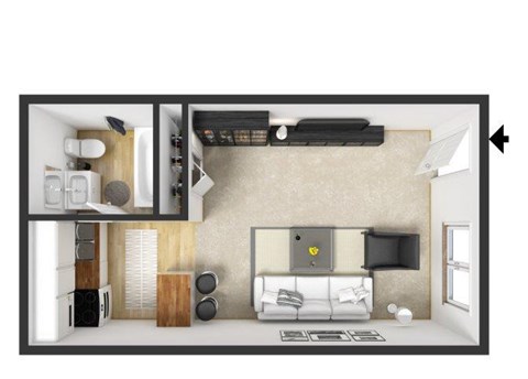 Floor plan for studio, 1 bath, 288 sqft
