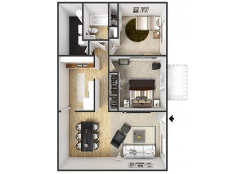 Floor plan for 2 beds, 1 bath, 864 sqft