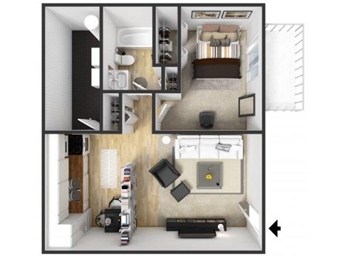 Floor plan for 1 bed, 1 bath, 576 sqft