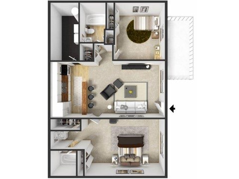 Floor plan for 2 beds, 2 baths, 864 sqft