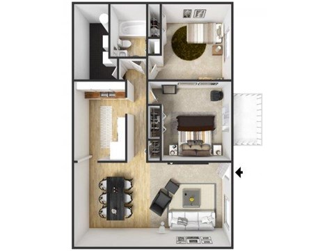 Floor plan for 2 beds, 1 bath, 864 sqft