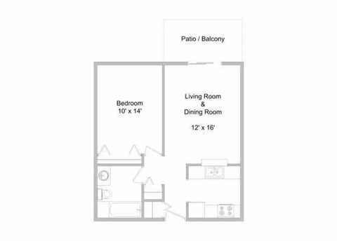 Floor plan for 1 bed, 1 bath, 567 sqft