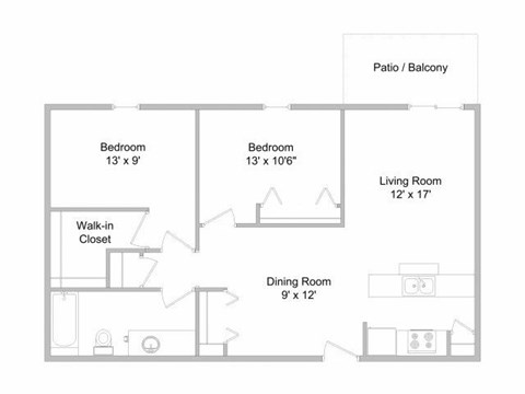 Floor plan for 2 beds, 1 bath, 888 sqft
