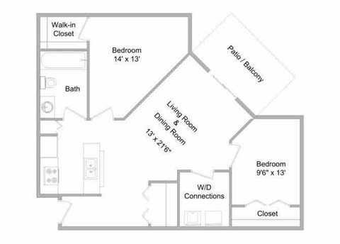 Floor plan for 2 beds, 1 bath, 867 sqft