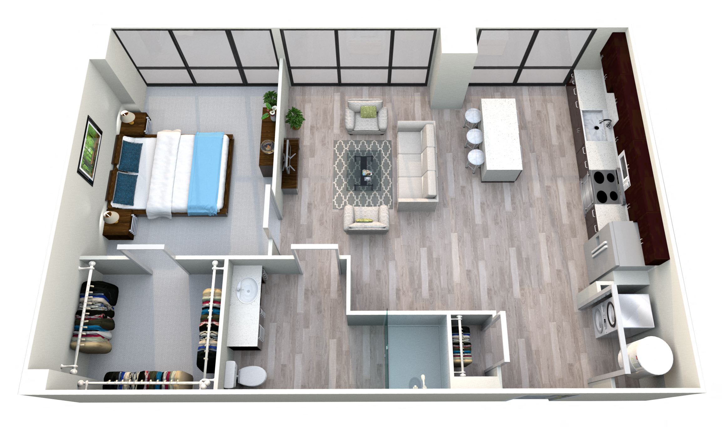 Floor plan for 1 bed, 1 bath, 770 sqft