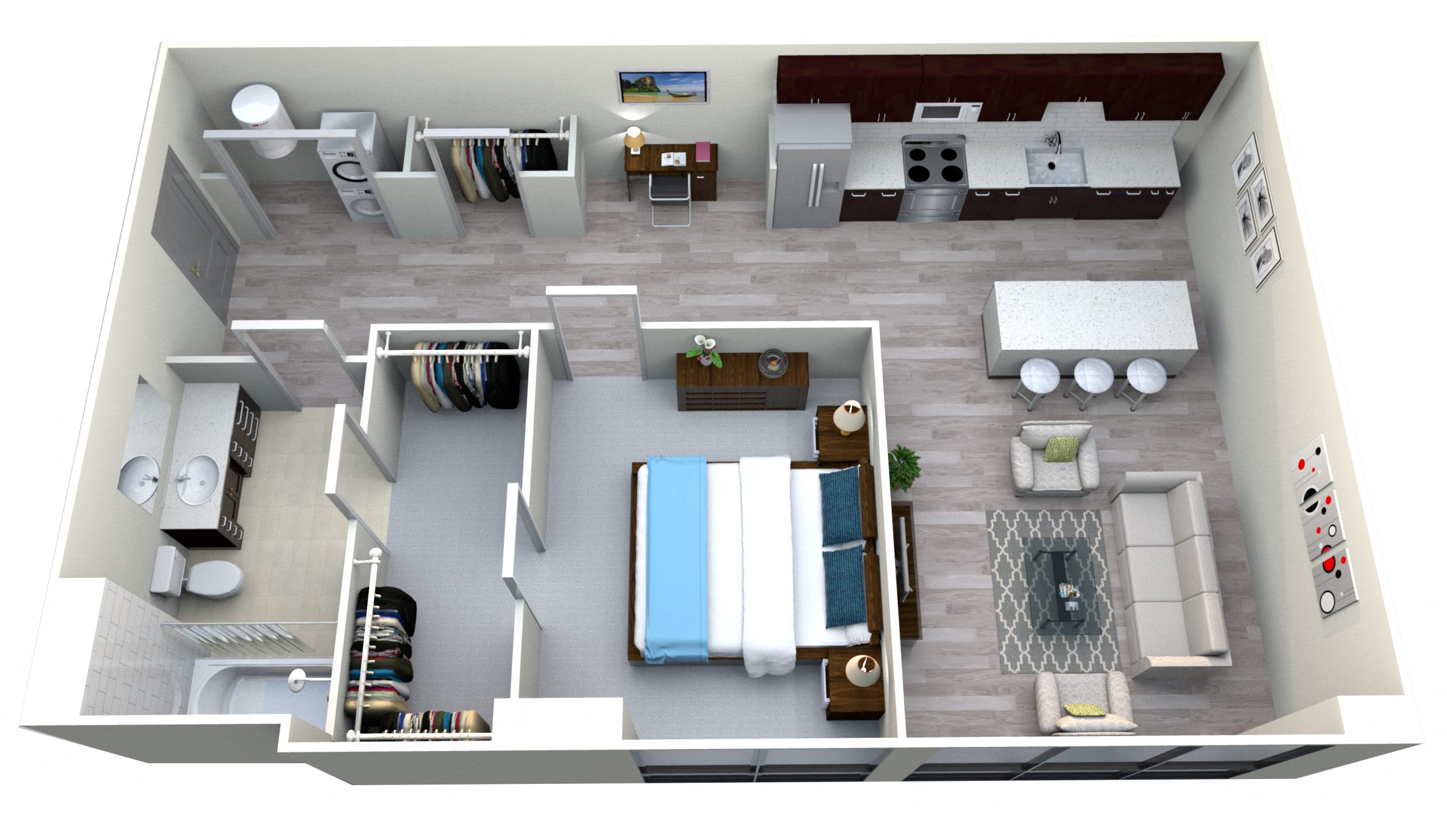 Floor plan for 1 bed, 1 bath, 805 sqft