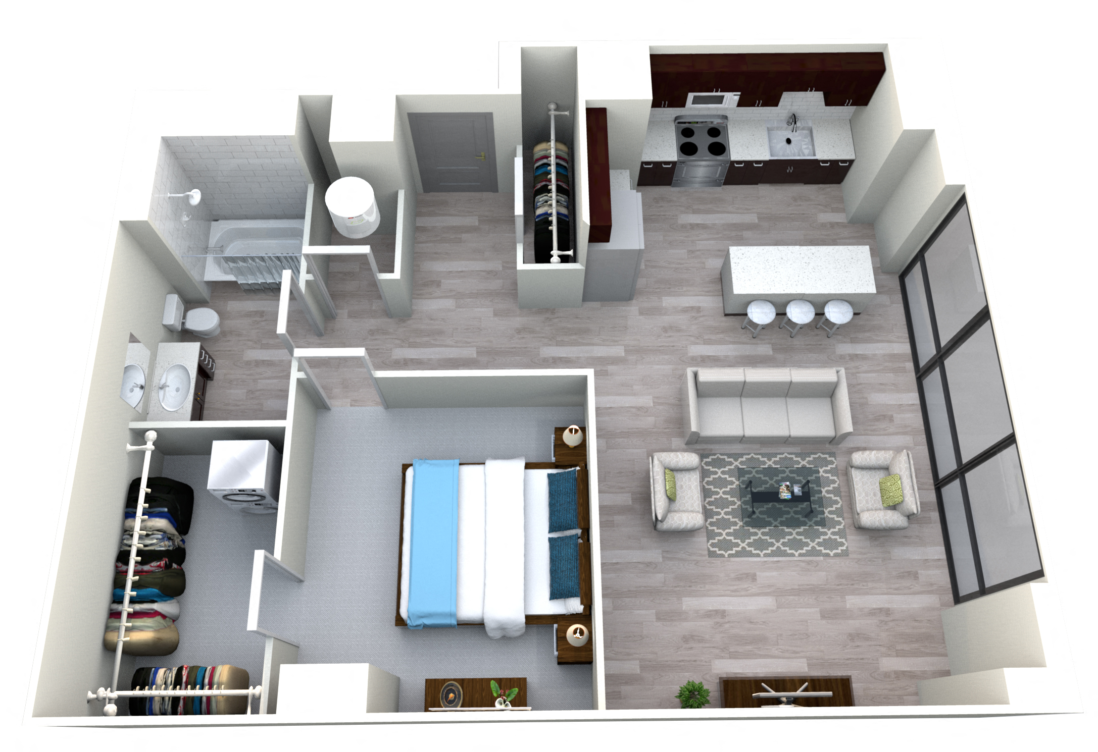 Floor plan for 1 bed, 1 bath, 845 sqft