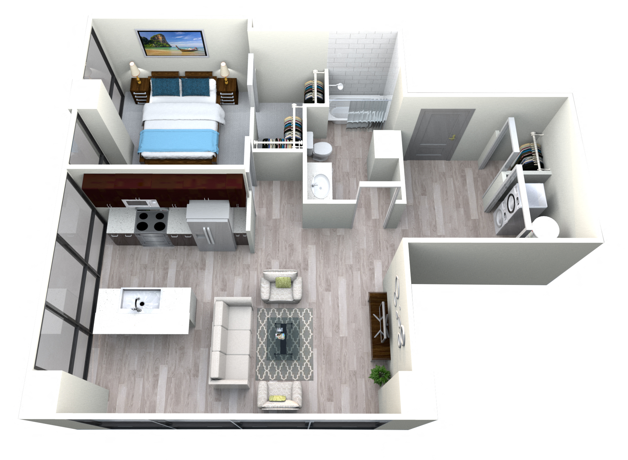 Floor plan for 1 bed, 1 bath, 865 sqft