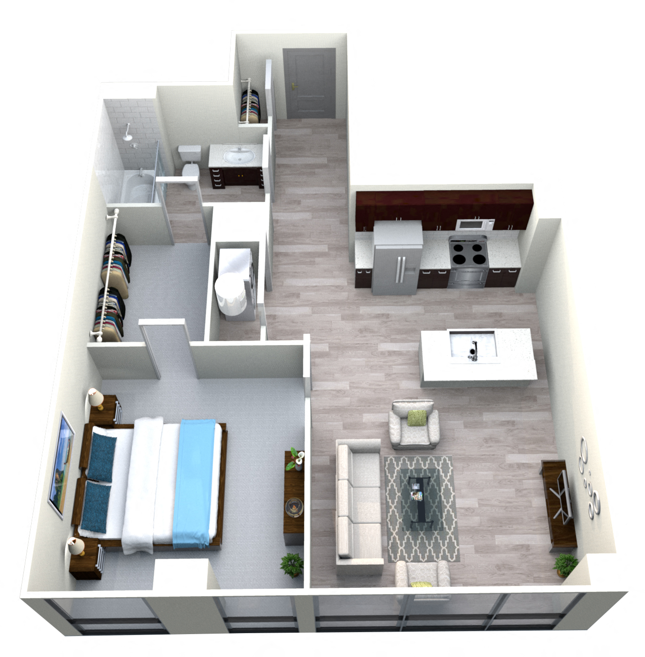 Floor plan for 1 bed, 1 bath, 890 sqft