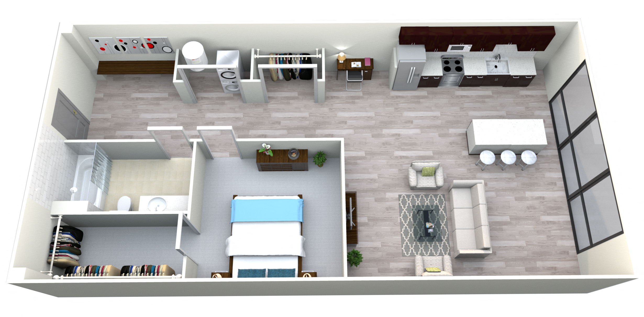 Floor plan for 1 bed, 1 bath, 965 sqft