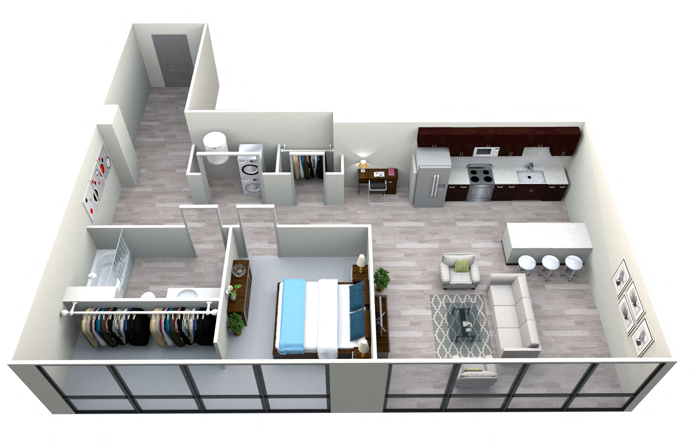 Floor plan for 1 bed, 1 bath, 965 sqft